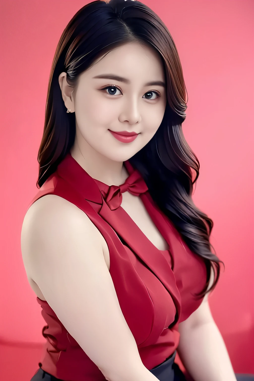 (top quality、8k、masterpiece:1.3))、30-year-old Korean woman，sharp focus, High level of image quality, high resolution，facial focus，Portrait ID photo，Upper body photo。Draw lips correctly, red lipstick，Wear a blue shirt，red suit，Green bow tie，，Wearing red flowers on chest，。wavy long hair，hair tied up，ponytail，Mature，Charming smiley face，Chubby face，Pink warm color background，solid color background