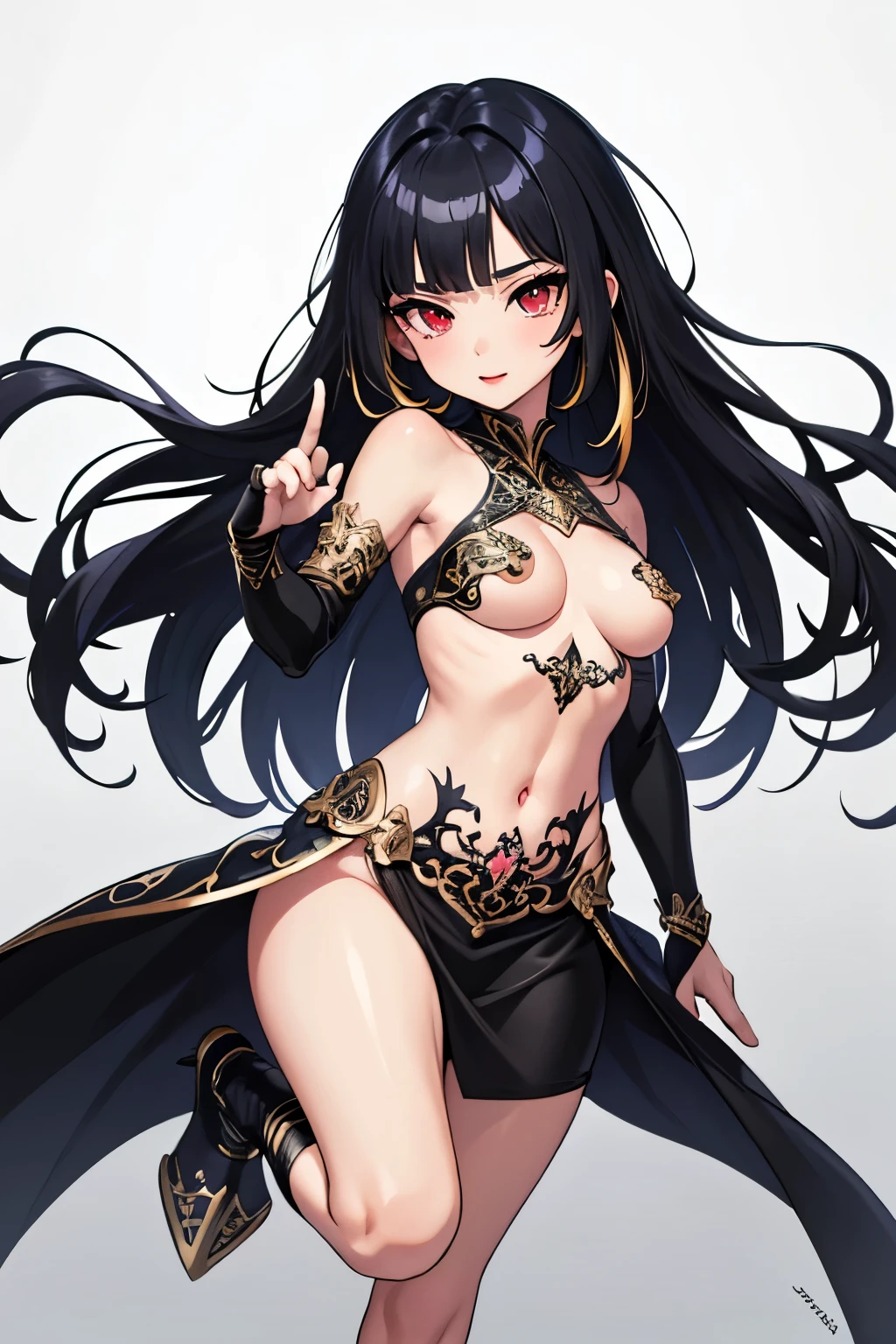 1girl, anime, cute girl, blank background, white background, fantasy, detailed fantasy dress with highlights, beautiful face, beautiful eyes, dark colors, black hair with multicolor streaks, red eye with different color pupil in eye, multicolor eye, medium small breasts (slightly big), slight cleavage, beautiful skin, cute, breast curtains, extremely delicate and beautiful, (beautiful detailed face:1.0), (detailed deep eyes), symmetrical breasts, deep eyes, shiny skin, portrait, slender waist, hips wider than shoulders, thighs, expressionless, young girl, luminous eyes, adorable,(Kpop idol),(aegyo sal:1),(Platinum blonde hair:1),((puffy eye)),Black panty,sexy posture,Superskirt, ultra high resolution,Black collar,slim figure, Abdominal y tattoo, womb tattoo,Tight-fitting leg ring,y tattoo on half-body,Bare skin, Armored hand,Hidden fingertips,Hand covered,Arm covered,Fist covered,{{beautiful detailed fingers}}, tufts of hair, moderate beautiful breast:1.0,(masterpiece:1.2), best quality, high-res, HDR, perfect face, intricate armor, delicate blue filigree, intricate filigree, red metalic parts, detailed part, dynamic pose, dynamic lights,