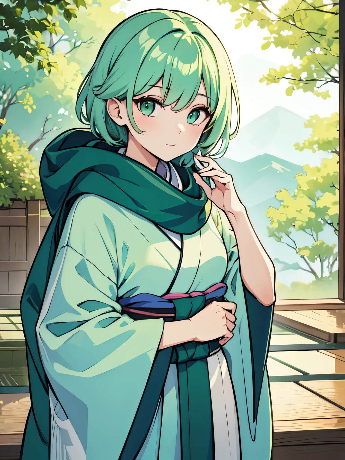 masterpiece, best quality, highres, 1girl, short green pastel hair, kimono, looking at viewer, long scarf, japanese clothes, neutral face,