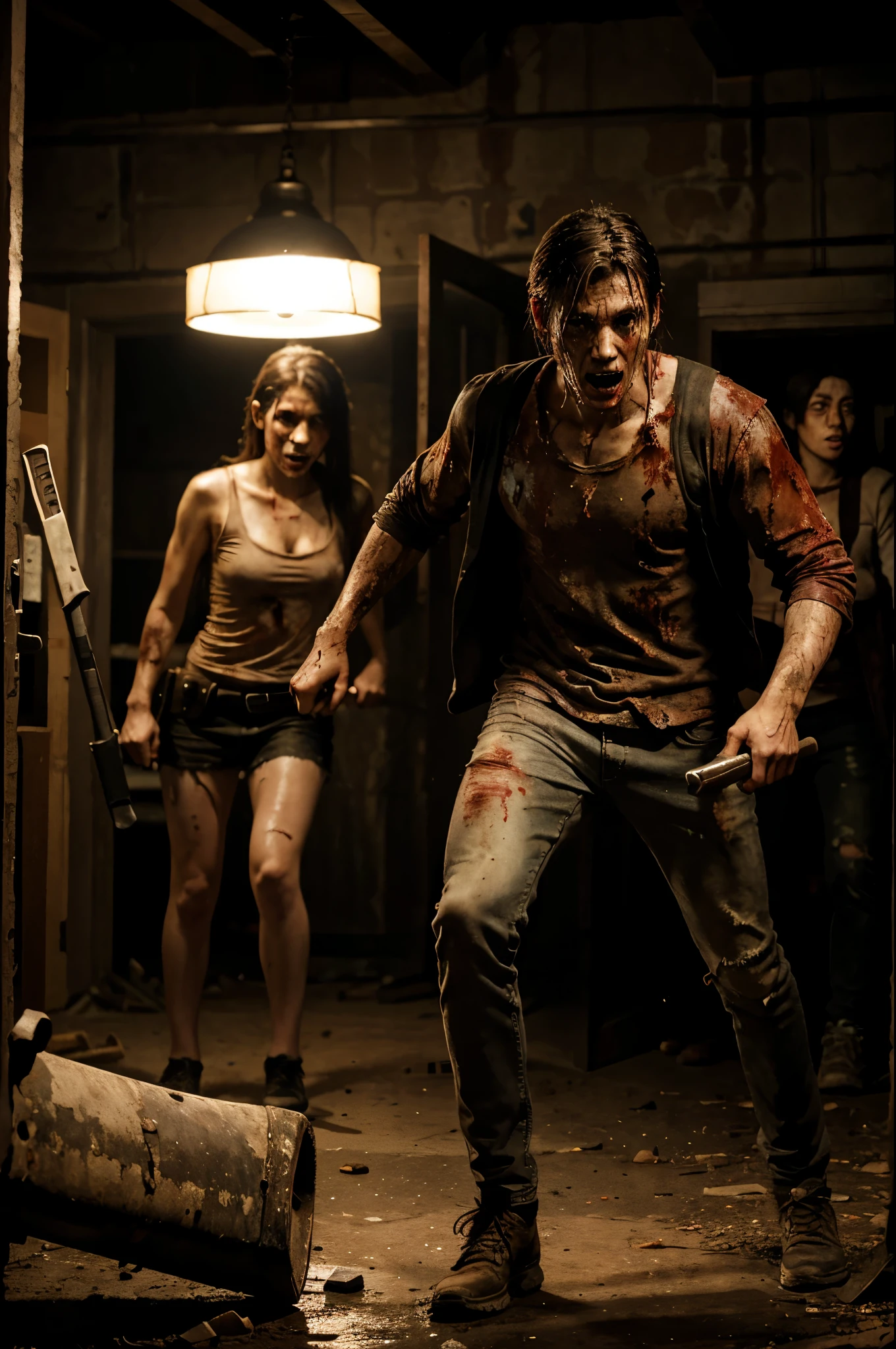 Cover of a zombie horror book with a man of approximately 20 years old wearing post-apoctaliptic clothing running from a horde of zombies with an ax in his hand dripping with blood and a 19 year old girl with short, straight hair slightly injured with a gun shooting at the horde of zombies