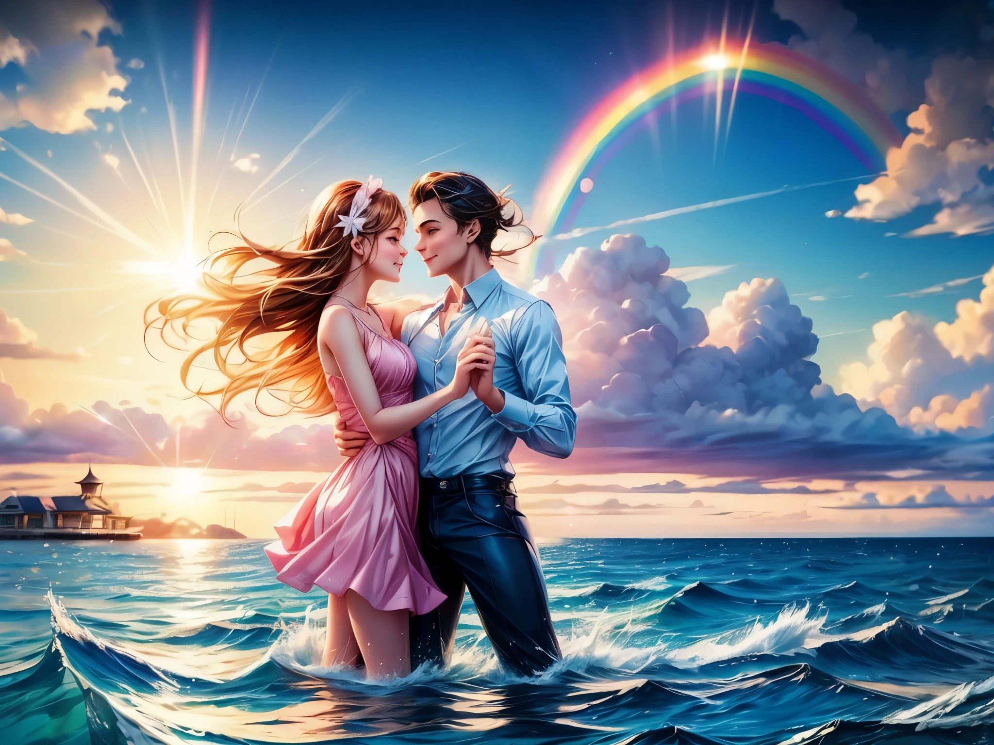 cute girls and gentleman, Dancing on the Sea Surface, rainbow, sun shine