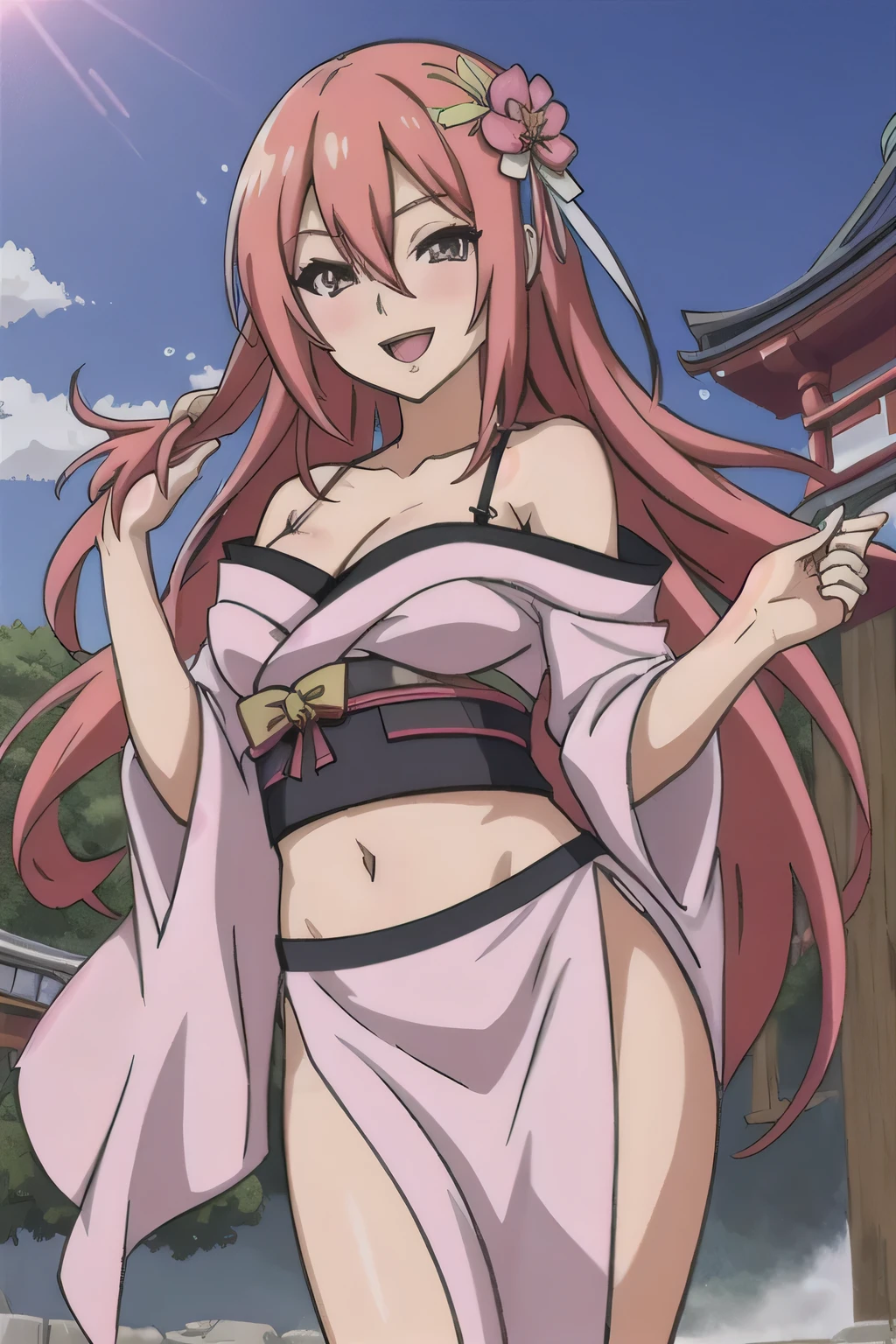 Tayuya, masterpiece, best quality, highly detailed, a anime girls in kimono dress with a sword posing for a
picture, bare shoulder,open kimono, evil smile, open mouth, crop top , (nsfw) not safe for work, smile,
ecchi anime style, anime girls, ecchi style, ecchi, digital anime art!!, in anime style, official artwork, visual
novel cg, beautiful anime girl, anime style 4 k, kimono pencil skirt, exposed belly, exposed navel,
exposed midriff, exposed lower belly, outdoor, japanese architecture, temple