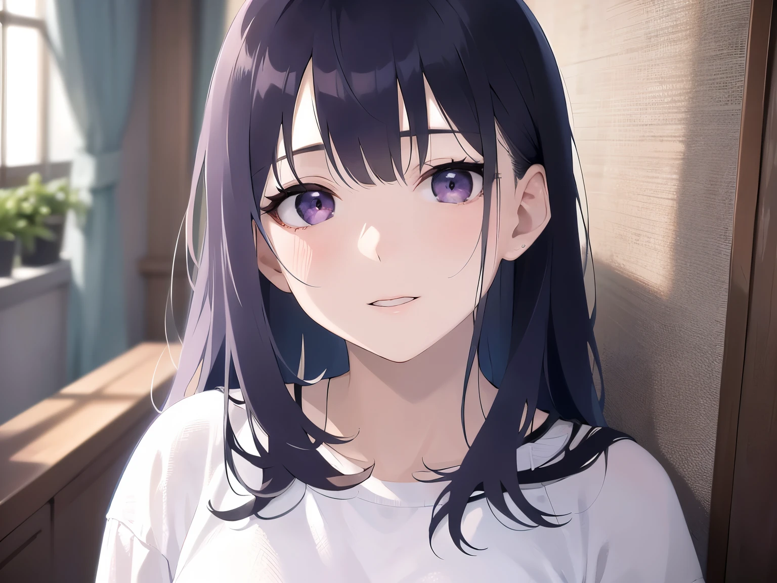 Tilting head、Realistic, real person, (pale skin: 1.2), RAW photo, photorealistic, portrait photography, shiny skin, japanese idol、shiny hair、(25 year old woman with straight medium hair with bangs) and (black hair) and (purple eyes) , wearing a white T-shirt、 smile, The background is the living room、Alone、sitting