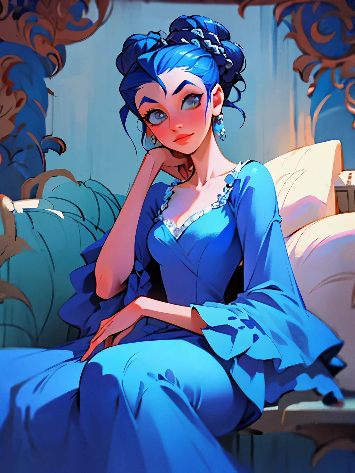 arafed woman in a blue dress sitting on a bed, portrait shot, edited, by Galen Dara, dress in the style of rococo, fashion photograhy, wearing a nightgown, editorial fashion photography, wearing a luxurious silk robe, photoshoot, modeling photography, high - end fashion photoshoot, captivating and enticing, haute couture fashion shoot, beauteous sumptuous