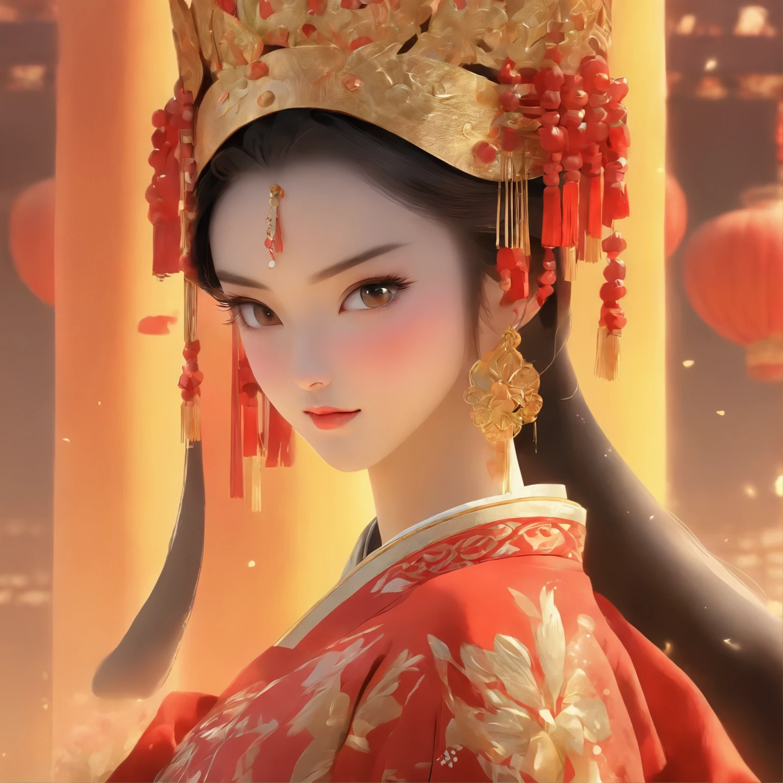 a close up of a woman wearing a red and gold dress, ancient chinese princess, beautiful render of tang dynasty, chinese empress, traditional chinese, wearing ancient chinese clothes, hanfu, chinese costume, chinese style, palace , a girl in hanfu, traditional chinese clothing, inspired by Gu An, ancient asian dynasty princess, asian hyperdetailed, traditional beauty, chinese princess
