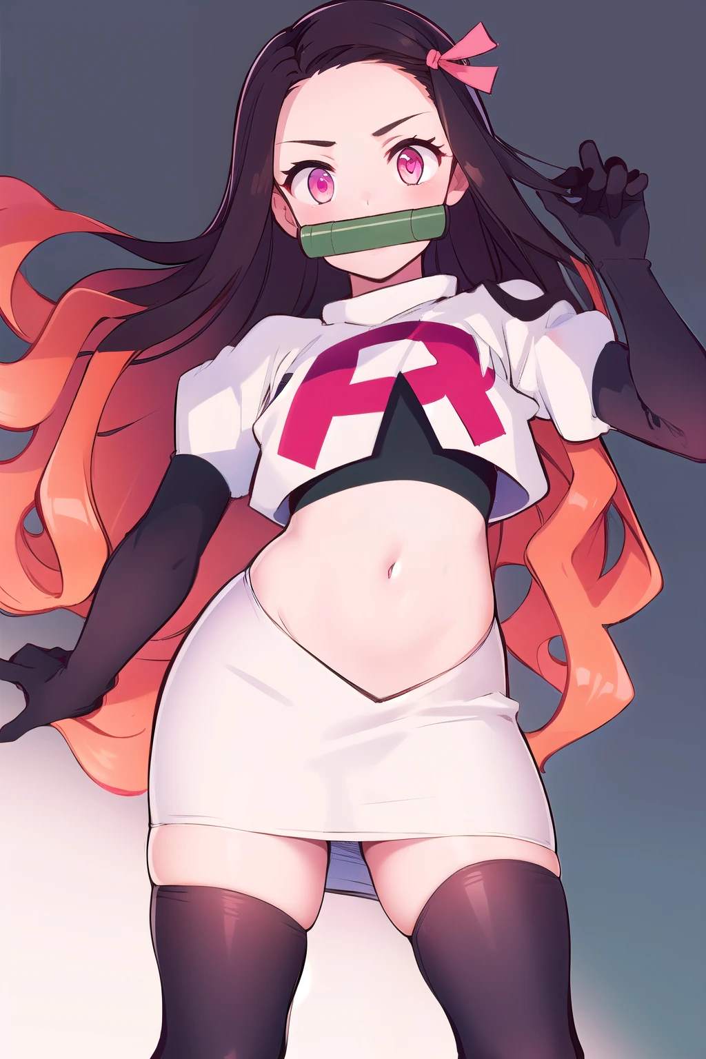 kamado nezuko, 1girl, bamboo, bit gag, brown hair, gag, gagged, gradient hair, hair ribbon, long hair, looking at viewer, multicolored hair, orange hair, pink eyes, pink ribbon, ribbon, solo,   ((masterpiece))  , team rocket,team rocket uniform, red letter R, white skirt,white crop top,black thigh-highs,black elbow gloves