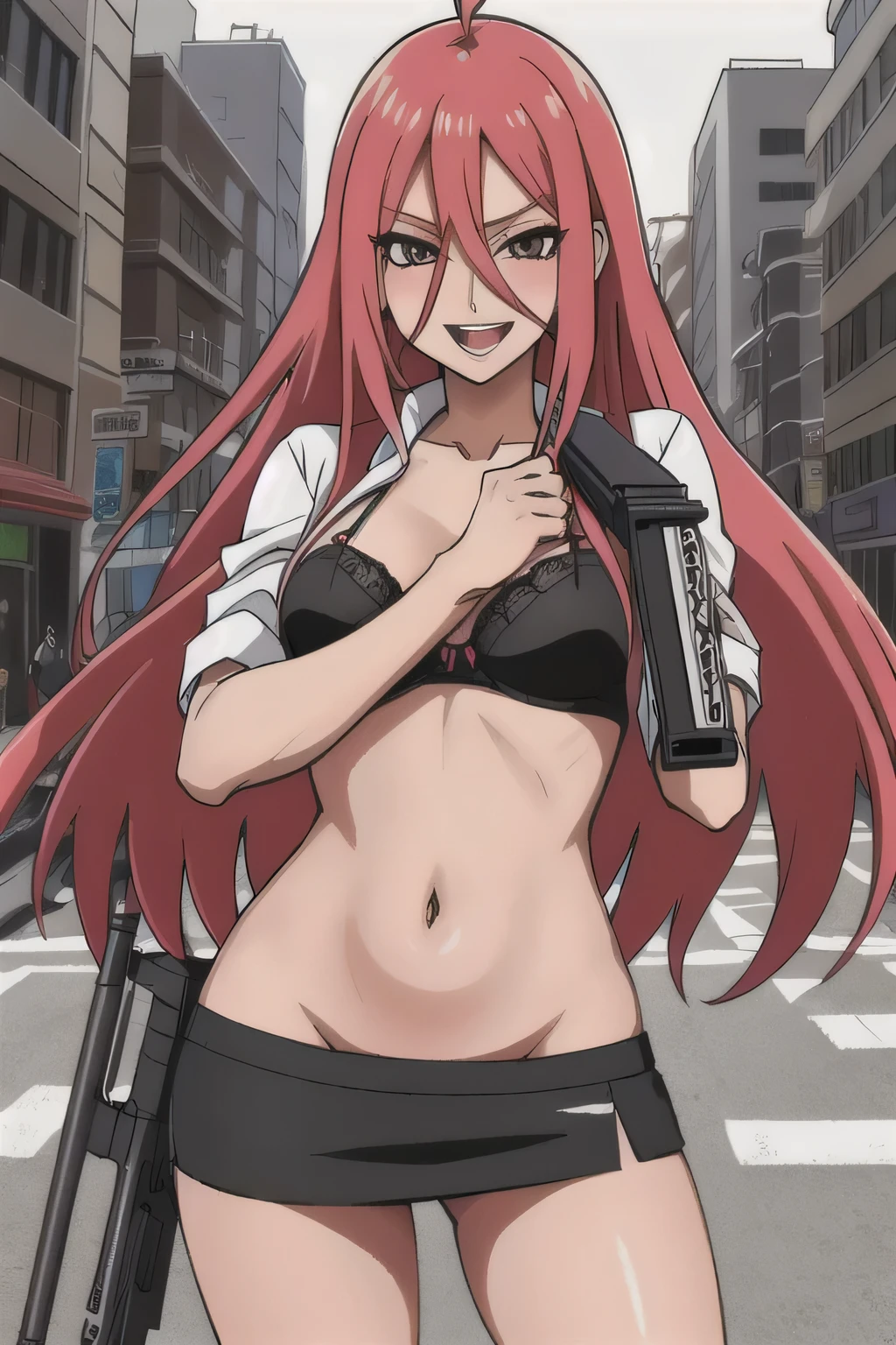 Tayuya, masterpiece, best quality, highly detailed, a girls with a gun, open mouth, blazer, sexy gaze, (nsfw) not
safe for work, badass pose , evil smile, smile, black bra, anime girl with long hair, long haired girl,
navel, evil expression, exposed belly, exposed navel, exposed midriff, exposed lower belly, micro
miniskirt, micro pencil skirt, pencil skirt ,holding a gun, outdoor,street,road
