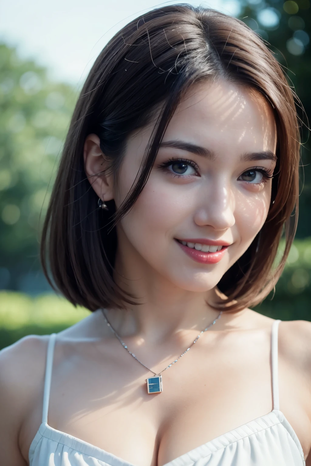 (8K, best quality, masterpiece:1.2), (real, realistic:1.37), unit, very delicate and beautiful, very detailed, amazing, exquisite details, masterpiece, best quality, official art, disorganized person, incredibly absurd, Beautiful One Girl, very detailed eyes and faces, Beautiful detailed eyes, facial light, nose becomes red, ((1 girl)), Brown-eyed, red lips, eye_compensate, short hair, beaver_cut, straight hair, headless, earrings, medium breasts, cleavage, shiny skin, outdoor, professional lighting, detailed shadow, sharp_concentrated, Supermodel, laughter, Pause