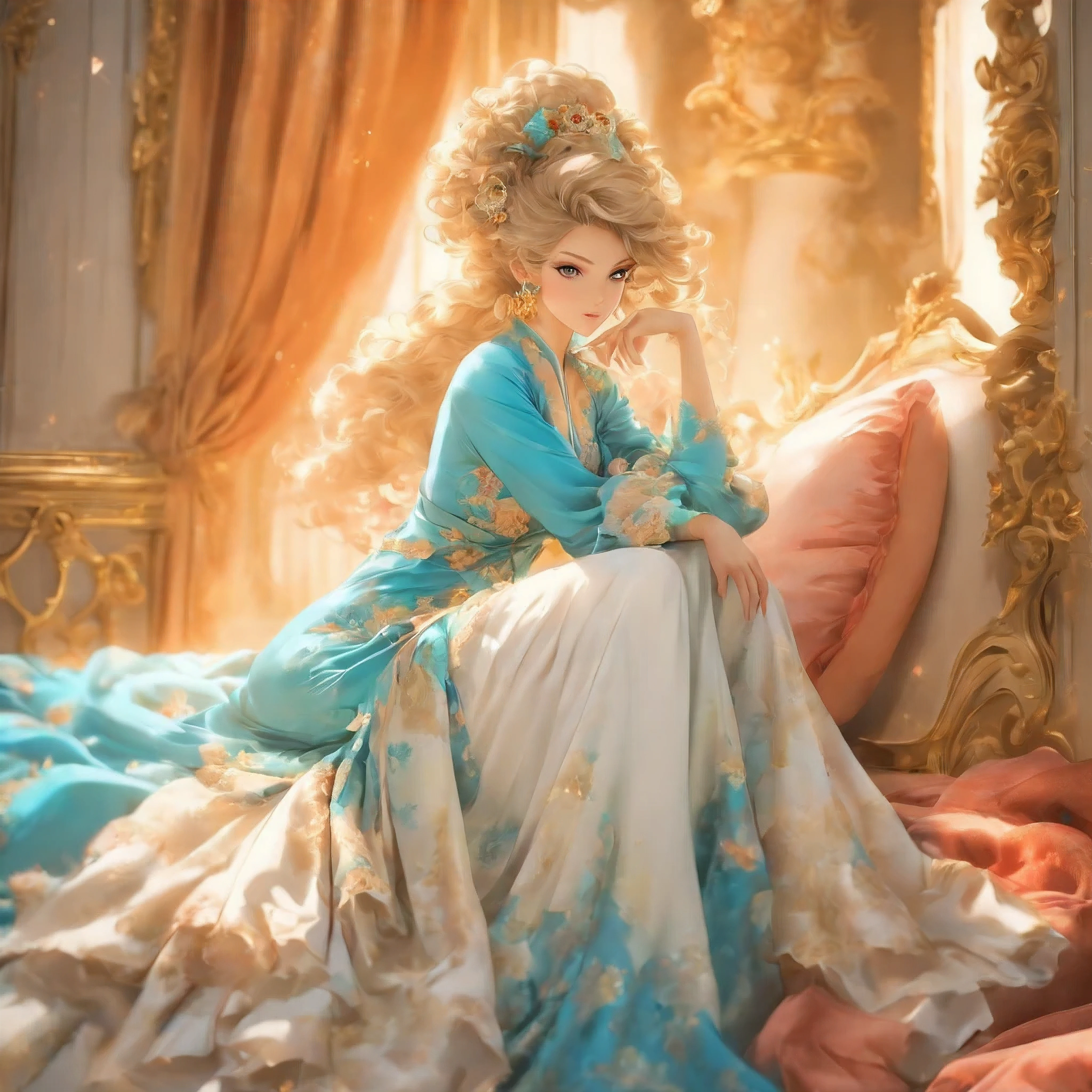 arafed woman in a blue dress sitting on a bed, portrait shot, edited, by Galen Dara, dress in the style of rococo, fashion photograhy, wearing a nightgown, editorial fashion photography, wearing a luxurious silk robe, photoshoot, modeling photography, high - end fashion photoshoot, captivating and enticing, haute couture fashion shoot, beauteous sumptuous