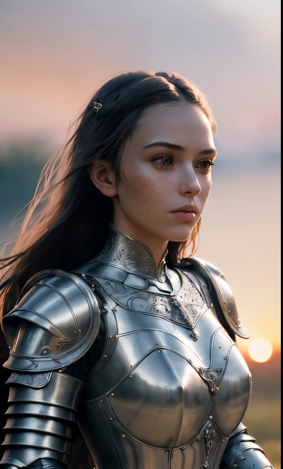 (masterpiece), (extremely intricate:1.3), (realistic), portrait of a girl, the most beautiful in the world, (medieval armor), metal reflections, upper body, outdoors, intense sunlight, far away castle, professional photograph of a stunning woman detailed, sharp focus, dramatic, award winning, cinematic lighting, octane render unreal engine, volumetrics dtx, (film grain, blurry background, blurry foreground, bokeh, depth of field, sunset, motion blur:1.3), chainmail