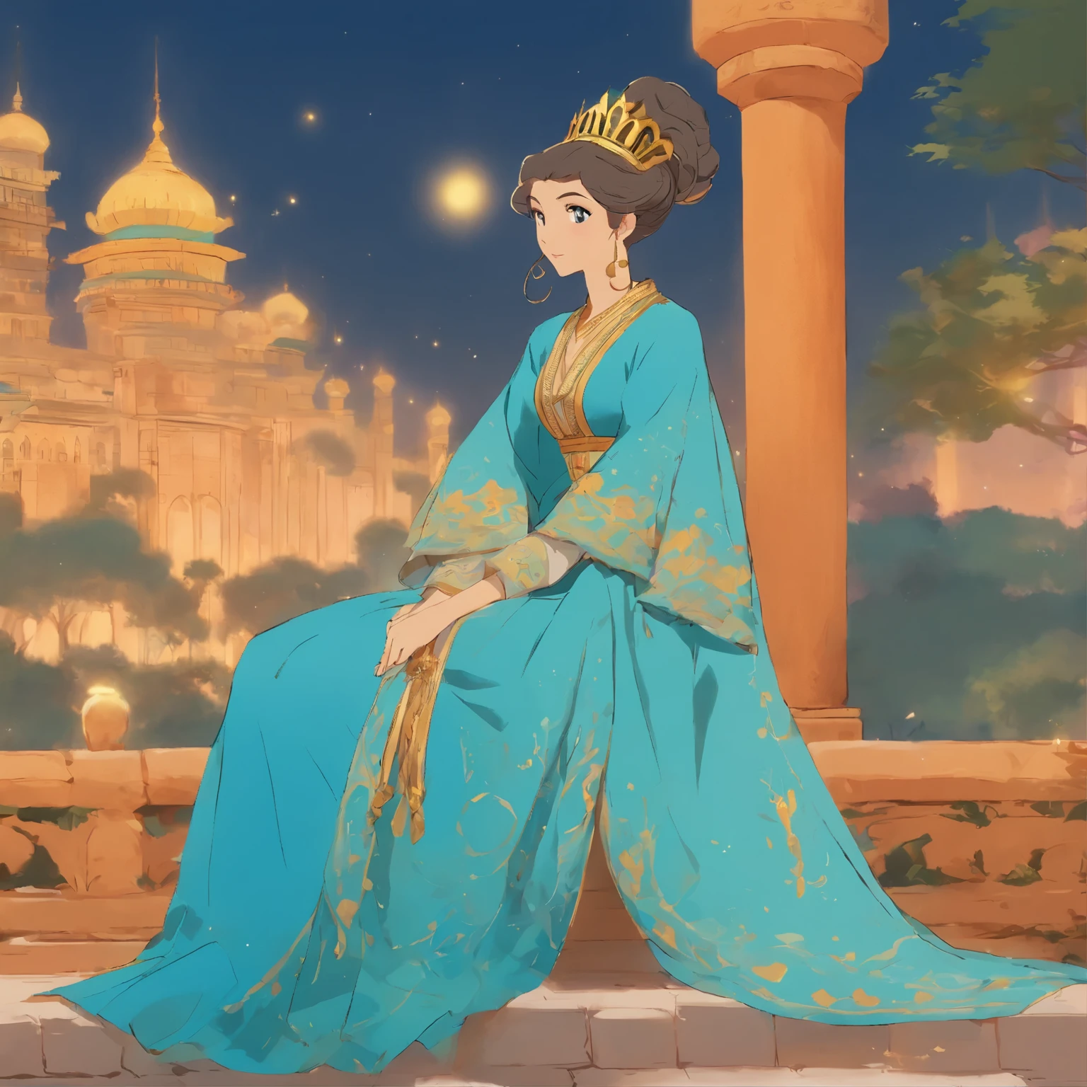 a drawing of a woman in a blue dress sitting on a bench, ancient libu princess, inspired by Osman Hamdi Bey, persian folktale artstyle, in the art style of bowater, ((a beautiful fantasy empress)), persian princess, persian queen, inspired by Altoon Sultan, arab princess, aesthetic!!!!!! female genie, medieval princess, a beautiful fantasy empress