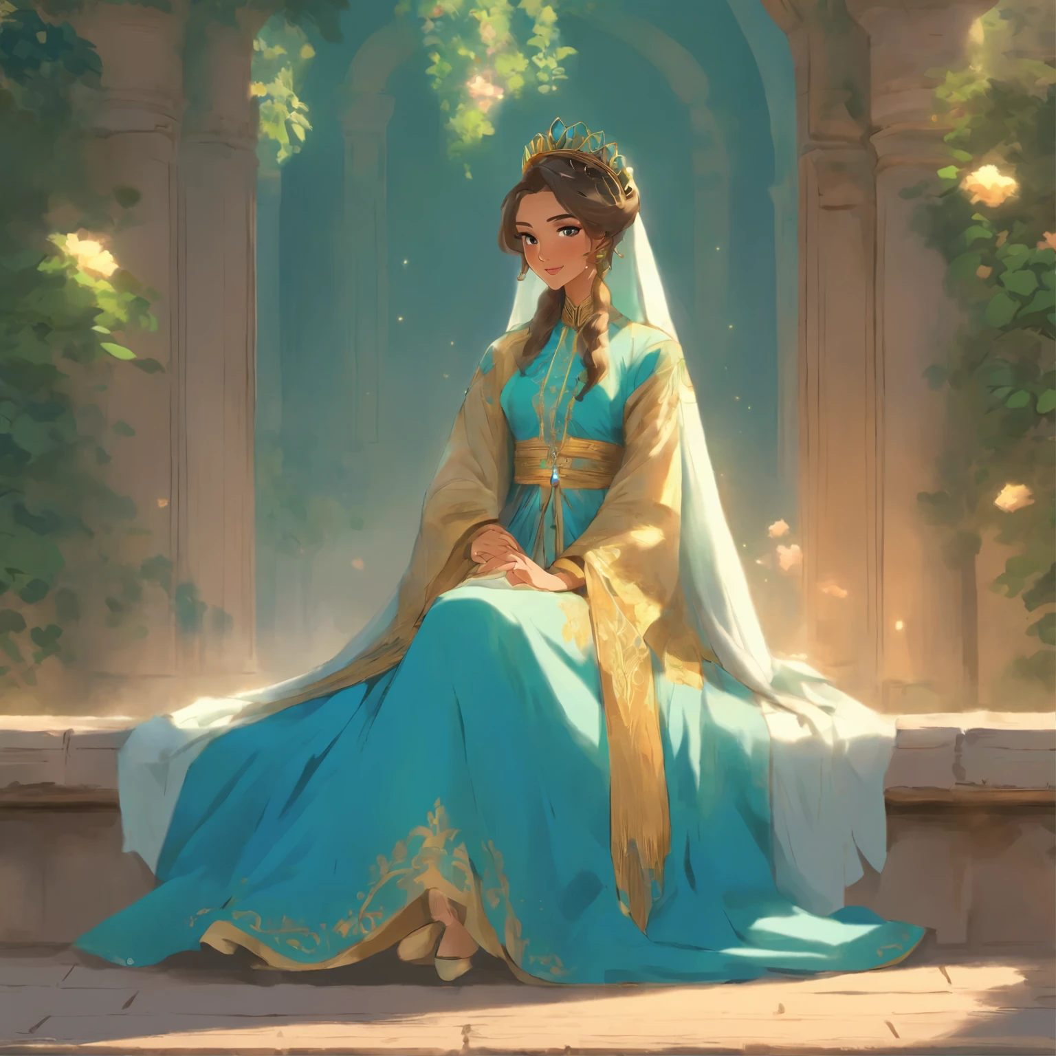 a drawing of a woman in a blue dress sitting on a bench, a storybook illustration inspired by Osman Hamdi Bey, trending on deviantart, fantasy art, ancient libu princess, persian folktale artstyle, in the art style of bowater, ((a beautiful fantasy empress)), persian princess, persian queen, arab princess, aesthetic!!!!!! female genie, medieval princess