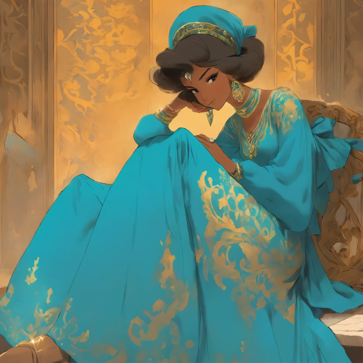 a drawing of a woman in a blue dress sitting on a bench, a storybook illustration inspired by Osman Hamdi Bey, trending on deviantart, fantasy art, ancient libu princess, persian folktale artstyle, in the art style of bowater, ((a beautiful fantasy empress)), persian princess, persian queen, arab princess, aesthetic!!!!!! female genie, medieval princess