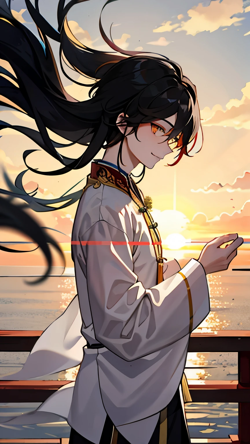 Chinese male,Clothes like a guru&#39;s fluttering in the wind,Atmosphere like ancient Chinese mythology,black long hair,hair pulled to one side and tied high,A flapping pose that looks like it has descended from the sky.,A fantastic morning sun dyed in pale orange and yellow light,sunrise sky,The water surface where light reflects and creates spots,slight smile