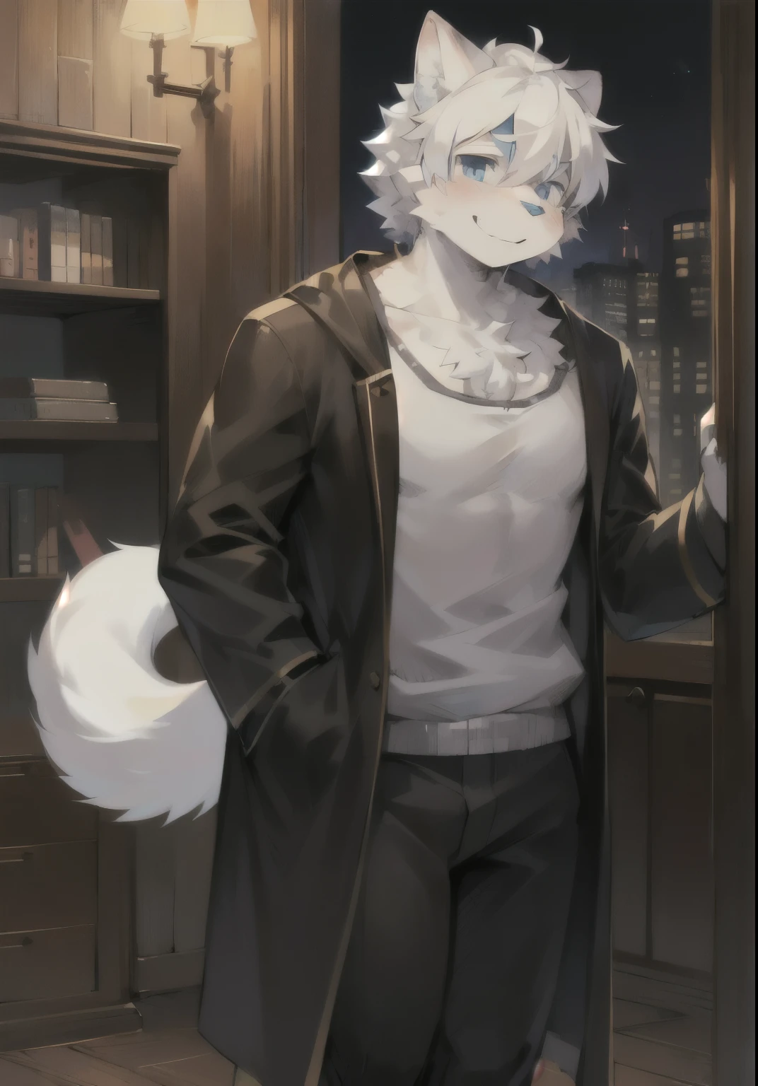 (dark environment:0.8),masterpiece, high quality, H, number \(artwork\), by dagashi, Yes,Kiyoyama,(Hana charcoalo,fluffy fur,Character focus:1.1),Hana charcoalo male cat,short hair,portrait, Bright Eyes,panoramic,Character focus.(Detailed background:0.7),alone,hairy,hairy male ,Neutral focus,Hana charcoal,(Full body fur, hairy尾巴, white fur,blue eyes,white hair:1.2)