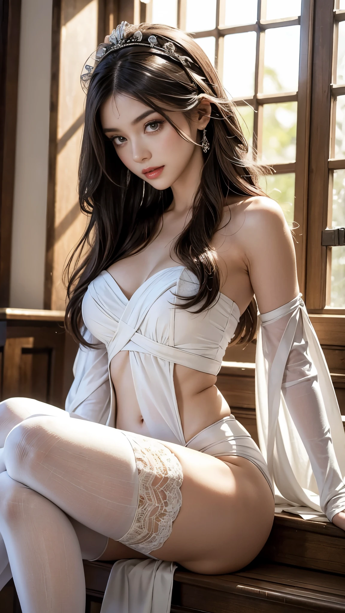 A young woman in a meticulously crafted maid costume, the centerpiece of the image is an elegant white maid-headband that crowns her dark hair. Her outfit is a testimony to the intricate detailing, with an almost sheer strapless garment hugging her body, highlighting her navel. Covering her arms are warming mittens, and her legs are encased in sleek, lacy tight high stockings accentuated by dazzling high heels.