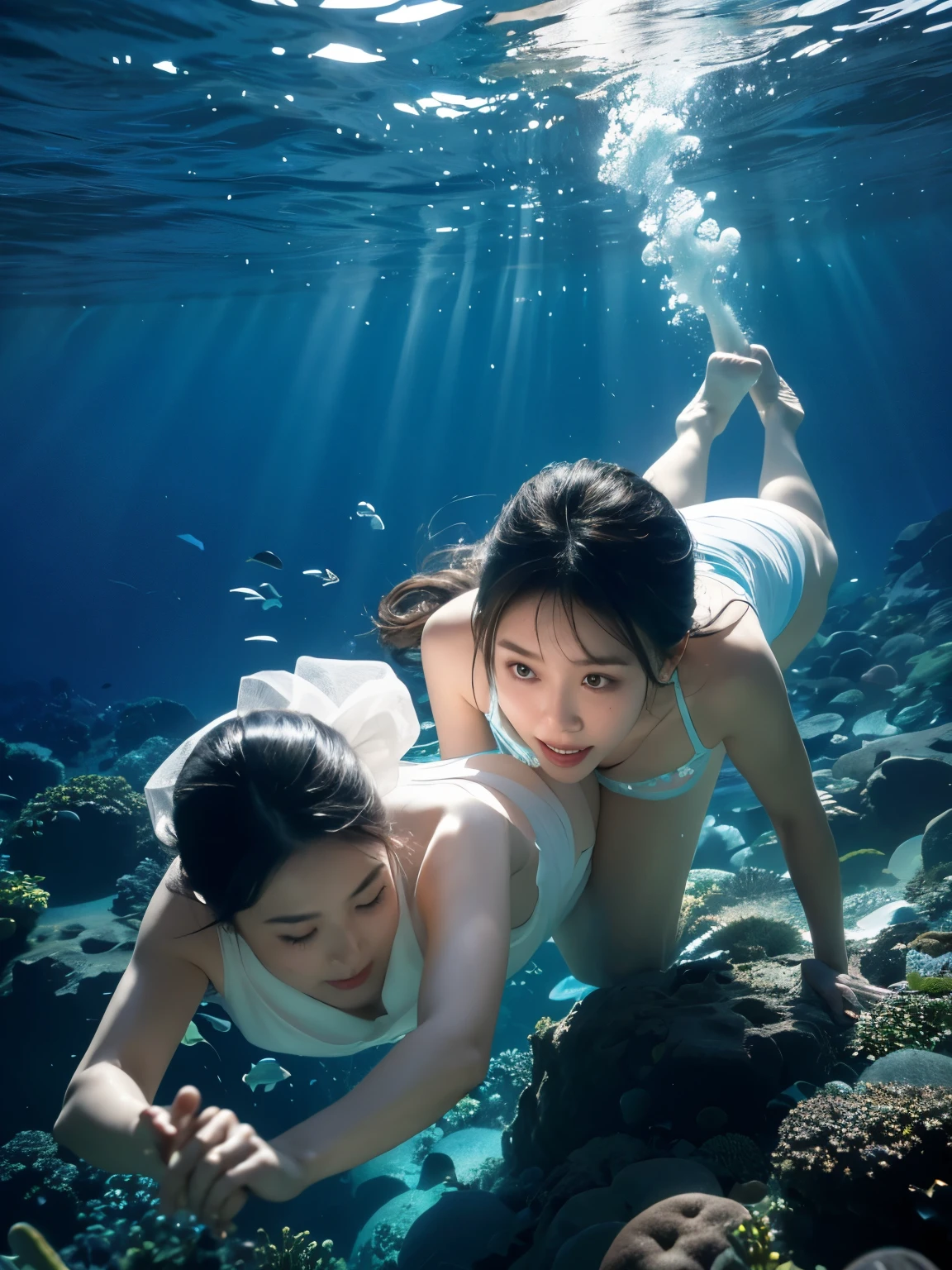 Ocean Dance,Bride and groom underwater in blue pool,veil fluttering, underwater photosgraphy, underwater photosgraph, floating under water, underwater photos, floating under the lake, Underwater shooting, under water swimming, submerged in water, Wearing clothes made of water, under water, swimming underwater, 悬浮under water, Underwater perspective, 淹没under water, floating in water, under water深处游泳