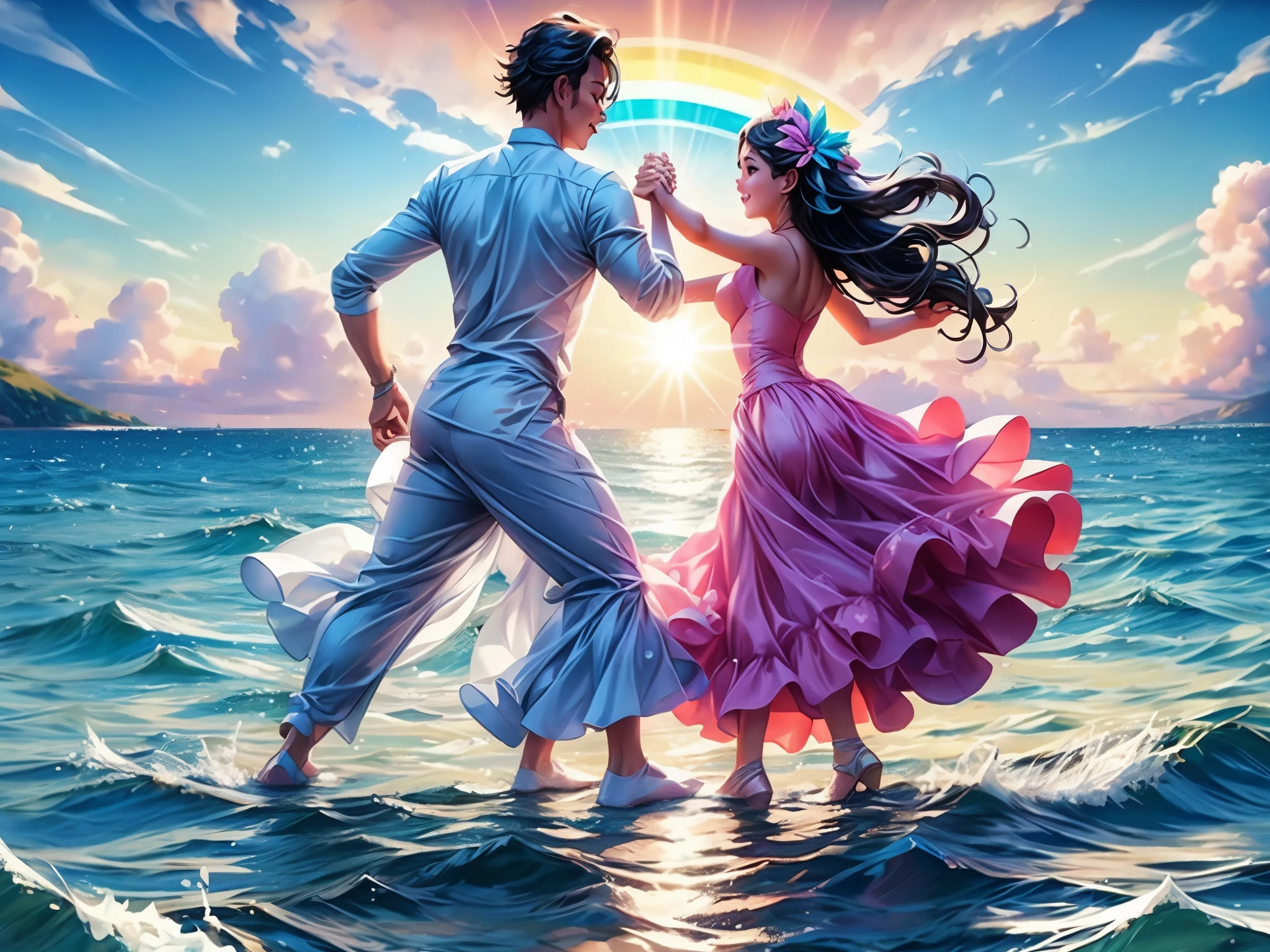 lovey dovely couple Dancing on the Sea Surface, rainbow, sun shine