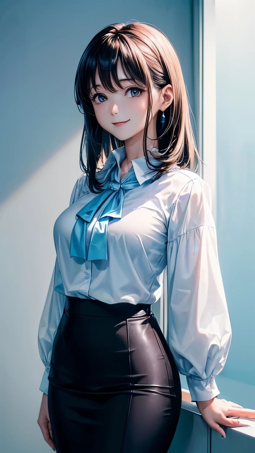 (((Pure white wall background)))、(((8K、Highest image quality)))、(((I'm a secretary)))、(((I have a laptop)))、(((I have medium hair)))、I'm smiling、(((Wearing a light blue blouse)))、I have black hair、Are standing、Small breasts
