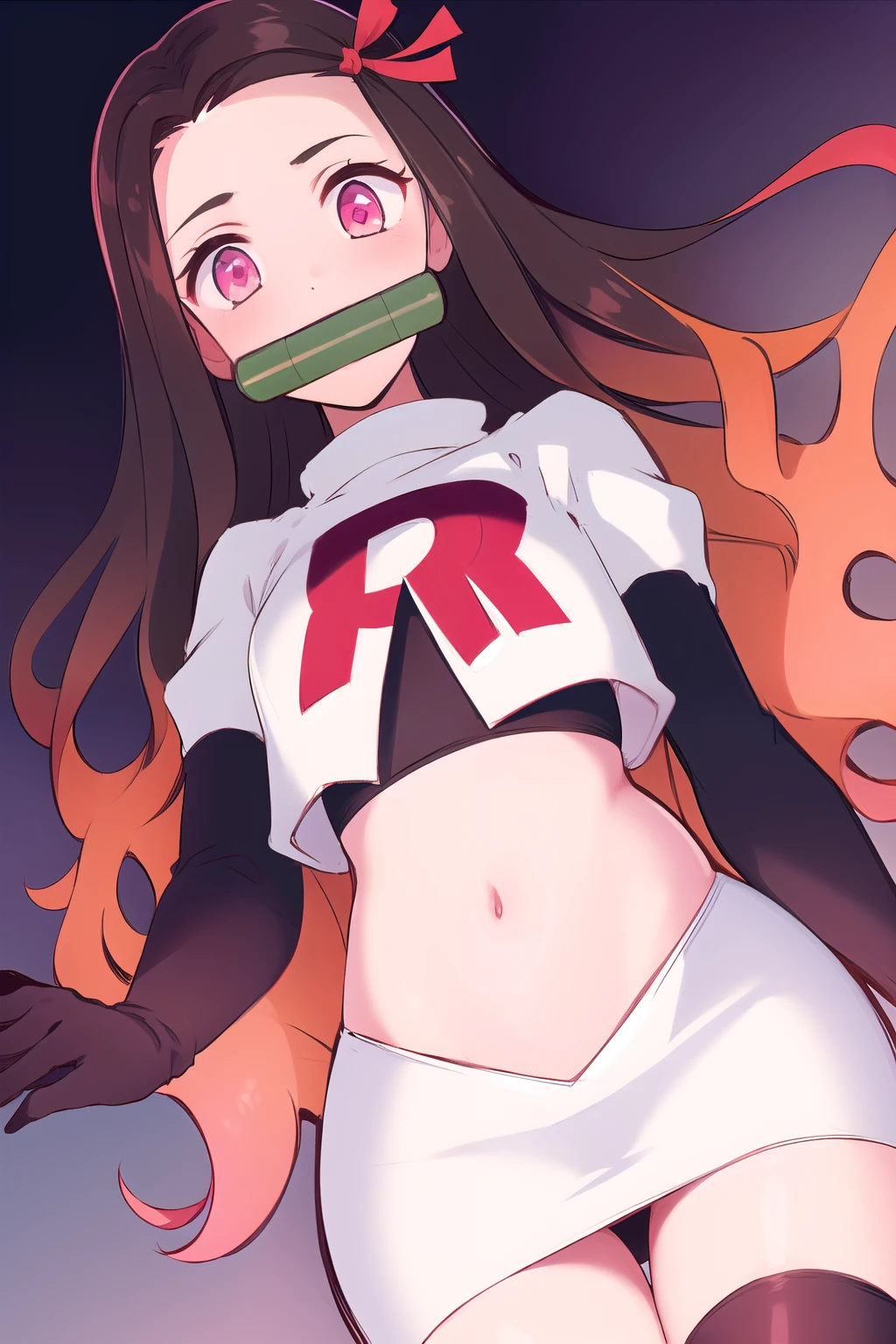 kamado nezuko, 1girl, bamboo, bit gag, brown hair, gag, gagged, gradient hair, hair ribbon, long hair, looking at viewer, multicolored hair, orange hair, pink eyes, pink ribbon, ribbon, solo, ((masterpiece)) , team rocket,team rocket uniform, red letter R, white skirt,white crop top,black thigh-highs,black elbow gloves