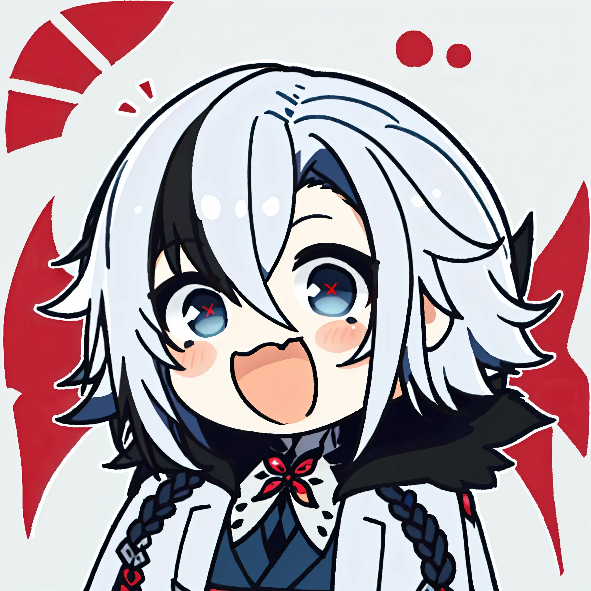 1girl,Arlecchino,(chibi:1.2),laughing, white short hair, blue eyes with red x-shaped pupils, wearing white suit,red cheeks, puffy cheeks,face focus:1.7,solid color background