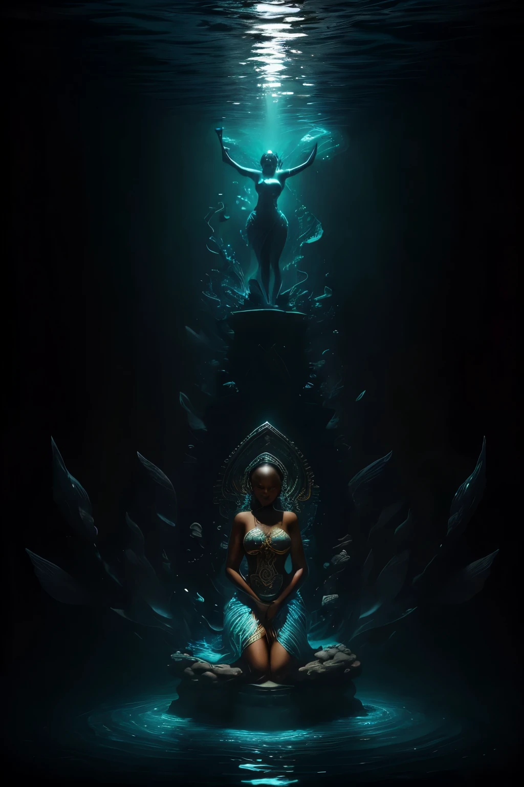 In the heart of an underwater realm, a breathtaking scene unfolds as a statue of a regal black woman takes center stage. Draped in intricately designed African beads, her figure exudes a sense of strength and resilience. With hands in prayer position, she gracefully kneels beneath the ocean's depths, surrounded by swirling waves in a wide angle shot.

As if by magical means, the water above the statue shifts and transforms, revealing the prismatic light of a low light piercing. Piercing through the water, the light casts an ethereal glow upon the statue, highlighting every exquisite detail of her form.

Ultra