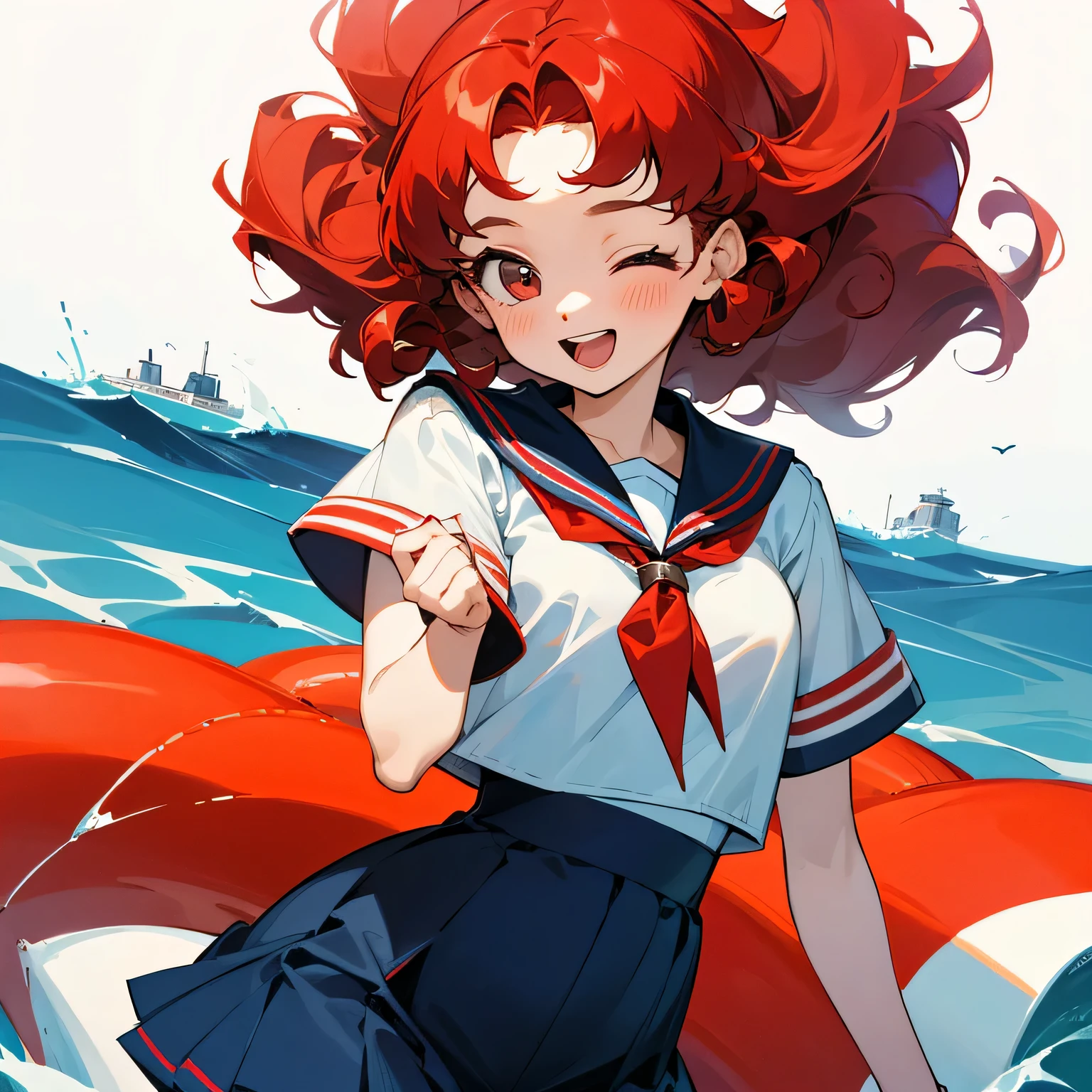 Red curly haired girl 17 years old is very happy in sailor suit