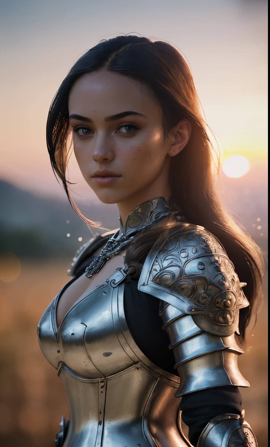 (masterpiece), (extremely intricate:1.3), (realistic), portrait of a girl, the most beautiful in the world, (medieval armor), metal reflections, upper body, outdoors, intense sunlight, far away castle, professional photograph of a stunning woman detailed, sharp focus, dramatic, award winning, cinematic lighting, octane render unreal engine, volumetrics dtx, (film grain, blurry background, blurry foreground, bokeh, depth of field, sunset, motion blur:1.3), chainmail