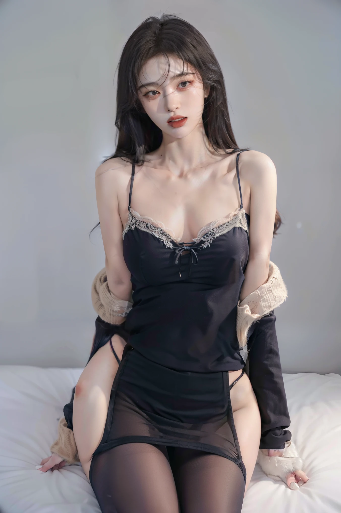 8K, 最好of质量, masterpiece, ,masterpiece,ultra high resolution,(photo实际of:1.4), super detailed,(((Very detailed))), 1 girl, 獨自of, Knit Dress, long hair, of_hair, of hair,blindfolded, of微笑, 实际of, torn garter belt,dress lift , Open your clothes, Pantyhose torn, clothes lift, garter belt, red garter belt ,raise your legs,(Tongue:1.3), bite lip, open mouth,Wide-angle lens, take off shoulders, whole body,, thigh, Chest,standing on bed, Cross your legs, whole body, long shot, Wide-angle lens, jewelry,neck ring, scarf,camisole, Cat ear, lick lips