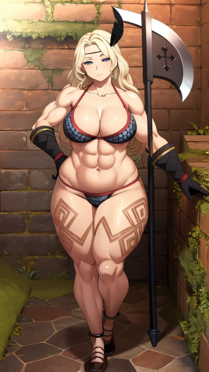 (masterpiece, highest quality:1.2), 1 girl, looking at the viewer, Amazon, dragon'crown of, bikini armor, No expression, has a halberd, bangle, muscular woman, chest, black gloves, gloves, thighs, (thick thighs, big ass:1.1), tattoo, belly button, oblique muscle, long hair, cleavage, swimsuit, feather hair ornament, blonde hair, abs, circlet, large chest, feather, (dungeon, cloudy, fantasy setting, brick wall:1.1),full body shot,