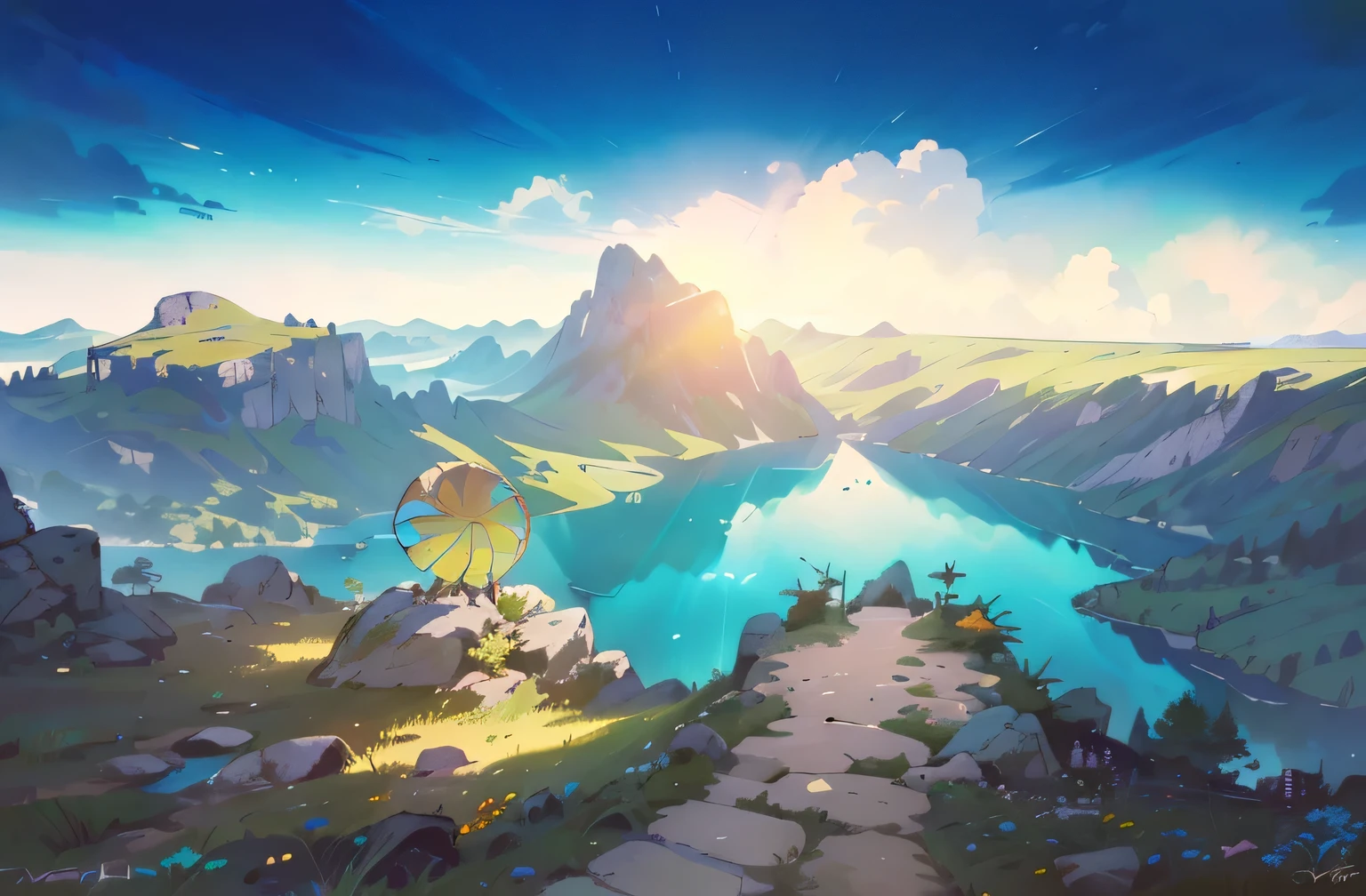 (Masterpiece, Best quality, High quality, A high resolution:1.4), Extremely detailed, 4K, Outdoors, hills, Nature, lake, Grass, A plant, Caustics, bright sun, , strong sunlight，rock hills，((bird's eyes view))，Fantasy video game, turquoise lake, (forest), flowers, 8K, high quality
