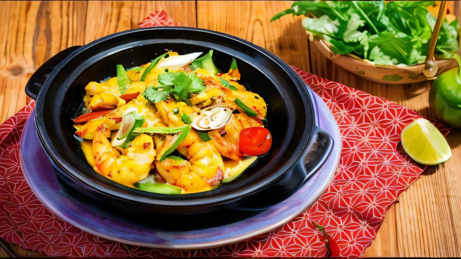 there is a bowl of food that is on a table,There are shrimp and vegetables inside, 3 4 5 3 1, ❤🔥🍄🌪, south east asian with long, tasty, High quality food photography, Inspired by John Stewart Curry, Lin Meng style, Vibrant shades, detailed picture, the best, recipe, colorful, Vibrant and stylized