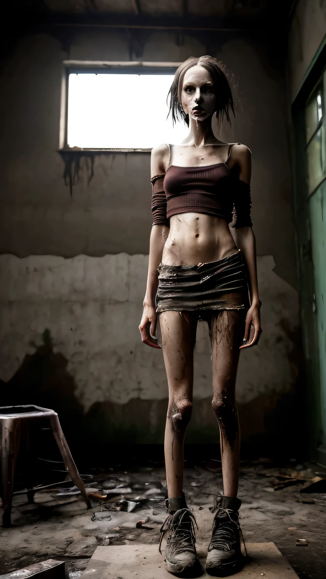 fully spread legs, fully clothed figure in various rusted clothes, the figure is covered by a dirty torn skirt, the figure is wearing a ragged long t-shirt, a sweater and a coat, extreme anorexic african black woman with a zombie-like appearance, Under heavy drugs, Serious mental illness written on her face, skinny body, prominent veins on her neck legs and hands, Sad, Sprayed with man's sperm on body, Post-apocalyptic world, Only one woman in the picture, Ugly environment, Ugly scenery, Abandoned well-equipped operating theater circa 1920, Ruined room, Woman looking at camera, Woman in center of picture, Realistic, extra thin legs, spread legs, bare feet, woman is dressed, covered breasts, the woman is wearing a bra, bra on bobs
