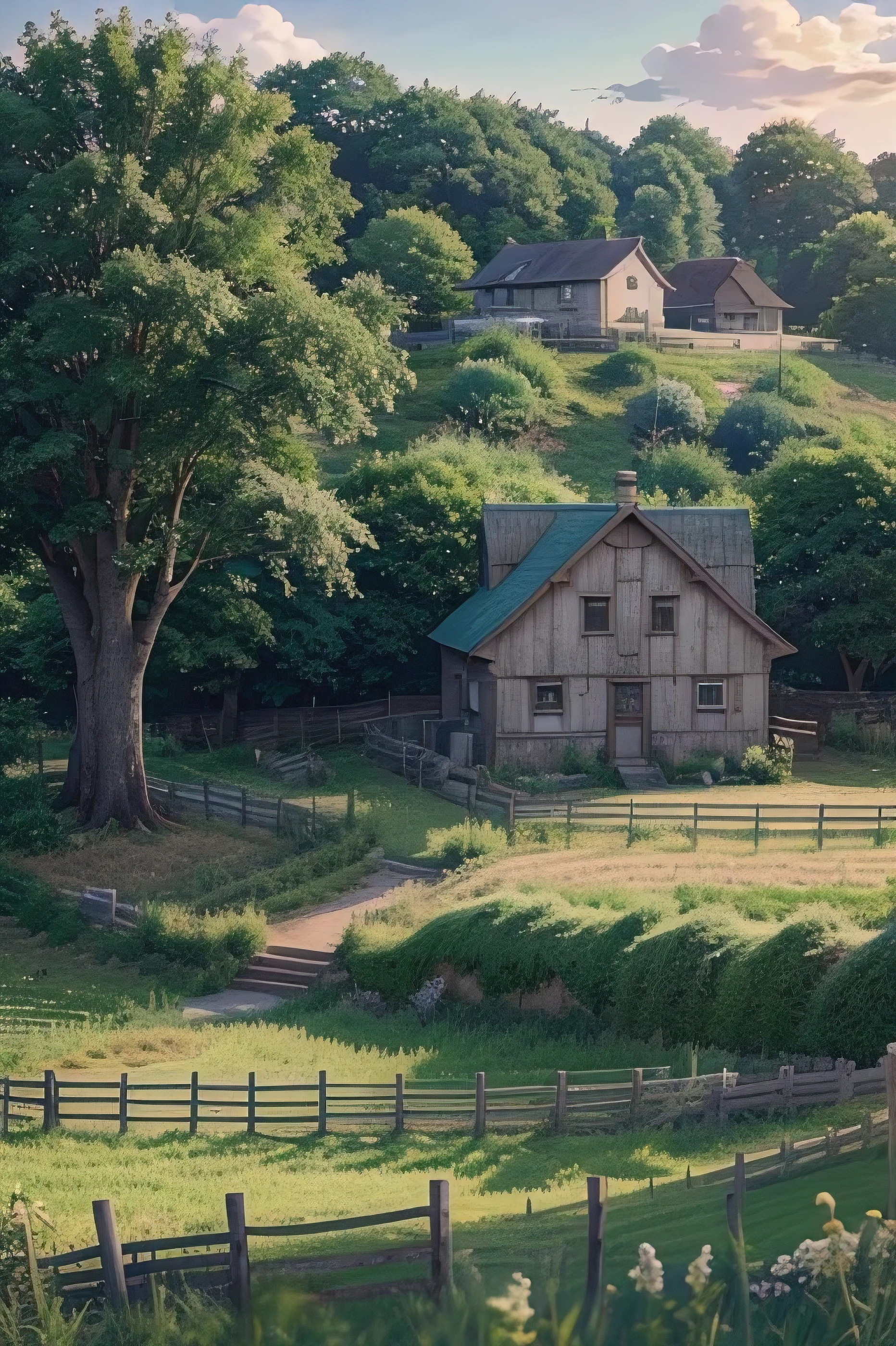 There is a photo of a farm and a house with a fence., anime countryside scenery, anime background art, anime scenery wallpaper, anime scenery, beautiful anime scenery, anime scenery, anime scenery concept art, anime background, anime movie background, beautiful anime scene, distant village background, makoto shinkai'Style, Studio Gribly makoto shinkai