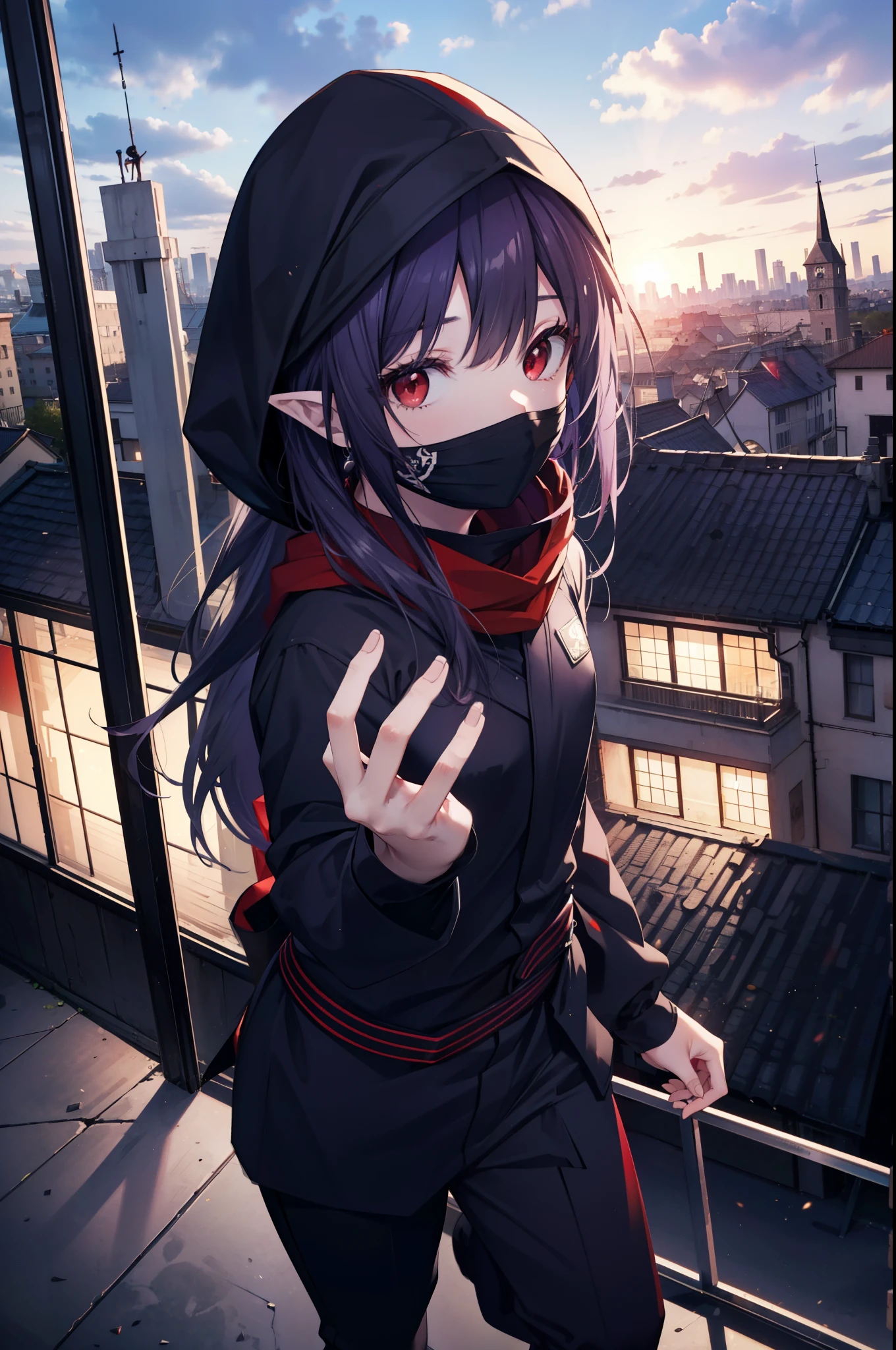 yuukikonno, Yuki Konno, hair band, long hair, pointy ears, purple hair, (red eyes:1.5), (small breasts:1.2),hood up,cover your mouth with a black scarf,strict,black ninja uniform,ninja,black ninja pants,boots,action pose,overlooking the city from the roof of a building,
break looking at viewer, Upper body, full body,
break outdoors ,Medieval European-style building,
break (masterpiece:1.2), highest quality, High resolution, unity 8k wallpaper, (shape:0.8), (fine and beautiful eyes:1.6), highly detailed face, perfect lighting, Very detailed CG, (perfect hands, perfect anatomy),