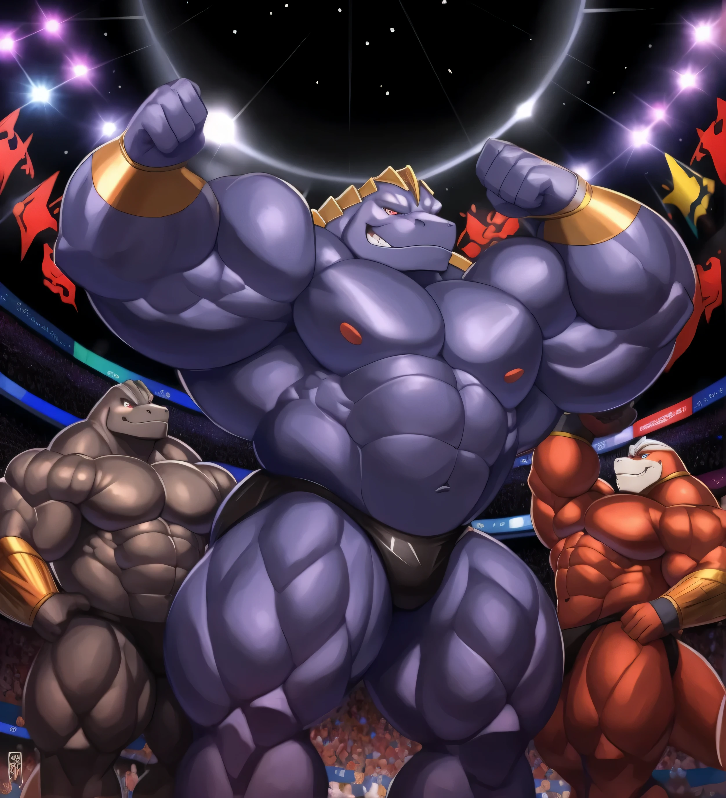 (Pokémon) Machoke in bodybuilding competition, en el escenario con otros culturistas de Machoke a su lado, Wear a small thong (metallic color: Tanga negro azabache) masivo, enorme, muscular bodybuilder with extraordinary biceps, pectorales gruesos, triceps, trampas, cintura estrecha, Gigachad, 500 libras.