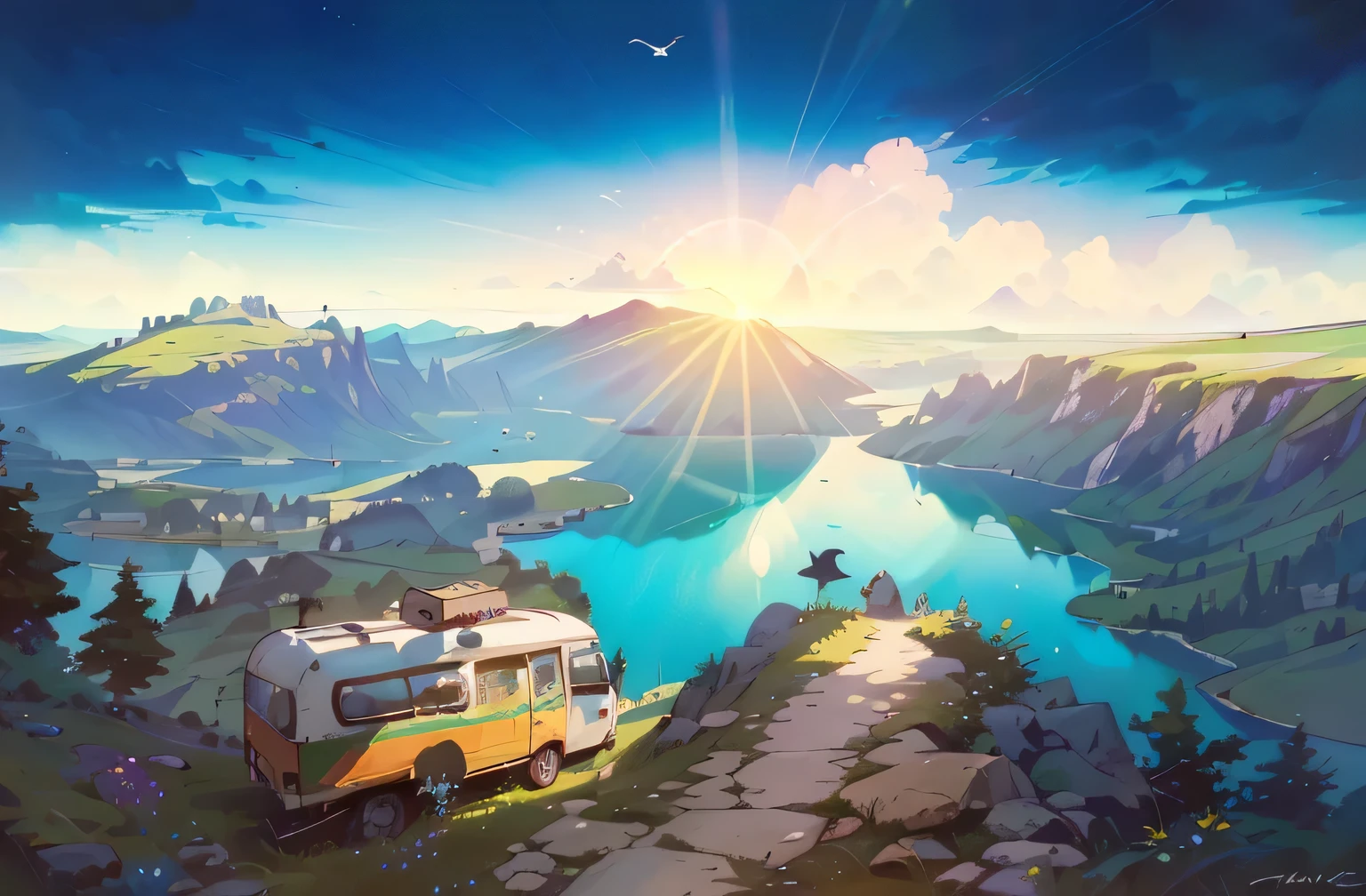 (Masterpiece, Best quality, High quality, A high resolution:1.4), Extremely detailed, 4K, Outdoors, hills, caravan, coffee van, Nature, lake, Grass, A plant, Caustics, bright sun, , strong sunlight,rock hills,((bird's eyes view)),Fantasy video game, turquoise lake, (forest), flowers, 8K, high quality