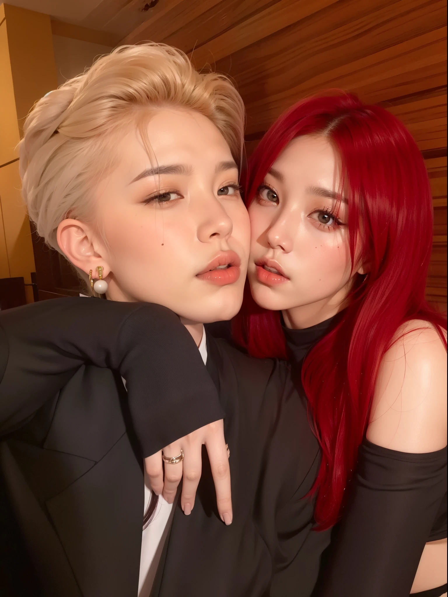 araffe and a woman Con cabello rojo and a black suit, nixeu y sakimichan, Con cabello rojo, ambos tienen labios rojos, con hiedra, con negro, kda y sam que, Cai Xu Kun, dyed red hair, kim taejin, sun yunjoo, pale red, kim doyoung, con el pelo largo y rojo, jia