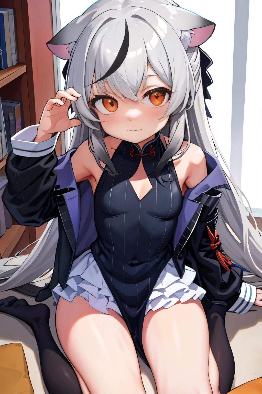 tmasterpiece, best qualtiy, ultra - detailed, 1girll,Gray hair Kokona, inside in room, Orange eye, :3,the face, closeup cleavage, Winter suit, winter wonder