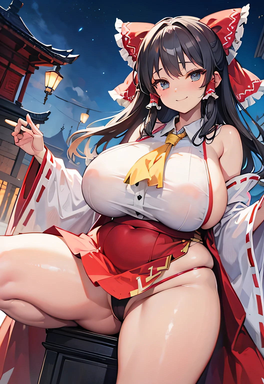 Erotic Anime Illustration、High resolution、Smiling black-skinned plump female shaman、Primitive costume、gray hair、perfect proportions、reimu hakurei、Overwhelming big breasts that go beyond common sense、thick legs with fat、big temple、cowboy shot、spread your legs
