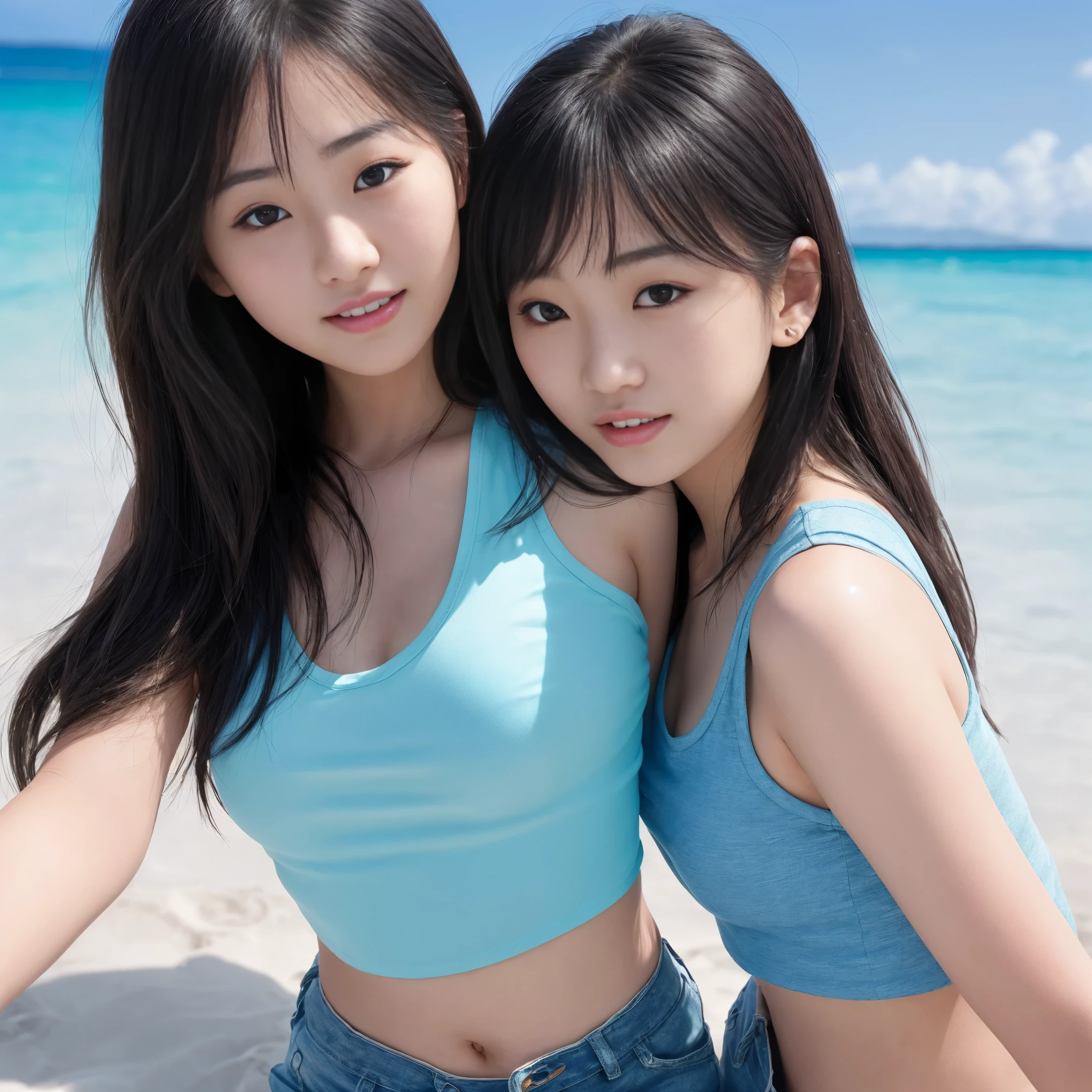 The girl is about one meter tall, about 55 meters, slightly chubby, white skin cute, cheerful personality, long hair, flat bangs, slightly curly hair tail, double ponytail, outdoor bikini pure desire