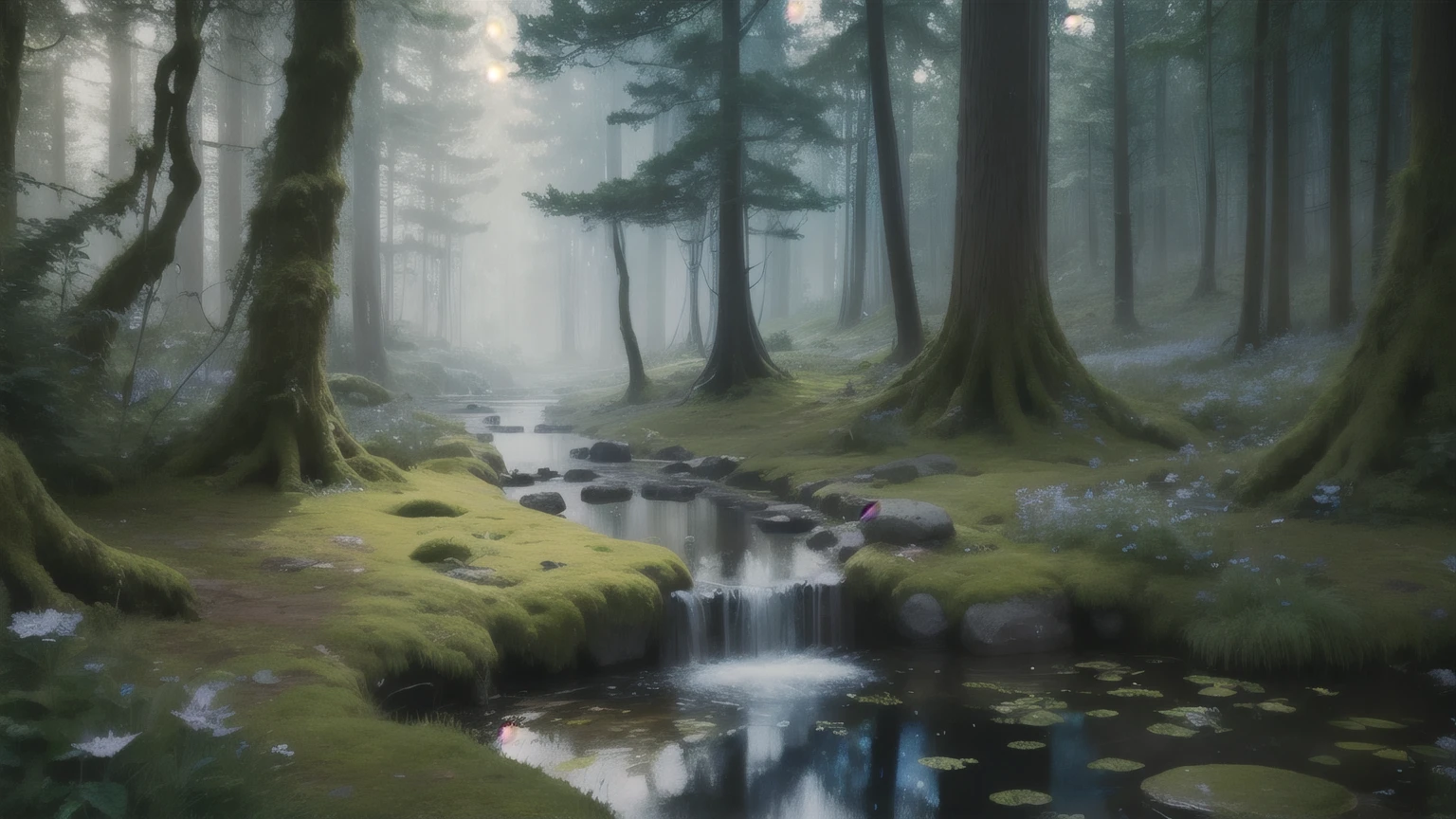 There is a pond in the middle of a mossy forest, mystical forest lagoon, magical forest background, fantasy forest background, fantasy forest background, magical forest background, Peaceful Elven Forest, elf forest background, fantasy forest landscape, anime rush john 8k forest, fantasy forest environment, Mysterious forest background, A mesmerizing magical fantasy forest, magical environment, Magic forest in the background