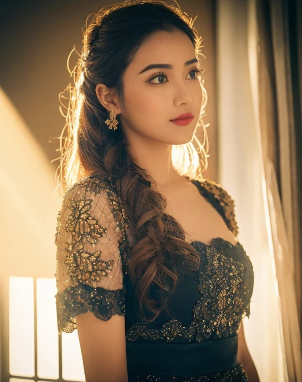 （（Deep focus，Eye level shots））， hentail realism，A half body ， Edge lights， edge lit， rim-light， Natural soft light， rays of sunshine， Volumetriclighting， volumettic light， volumettic light， volumetr， （（high qulity：1.2， tmasterpiece：1.2））， A high resolution， （8K resolution）， 8K， 8kres， 8K resolution， high detal， Detailed and intricate， intricately details， High intricate details， （（looking at viewert）），   Detailed face， 1girll， solo， Fahi girl， Mature girls， adolable， Sweet， A girl wears a traditional long dress of Vietnam， Redlip，