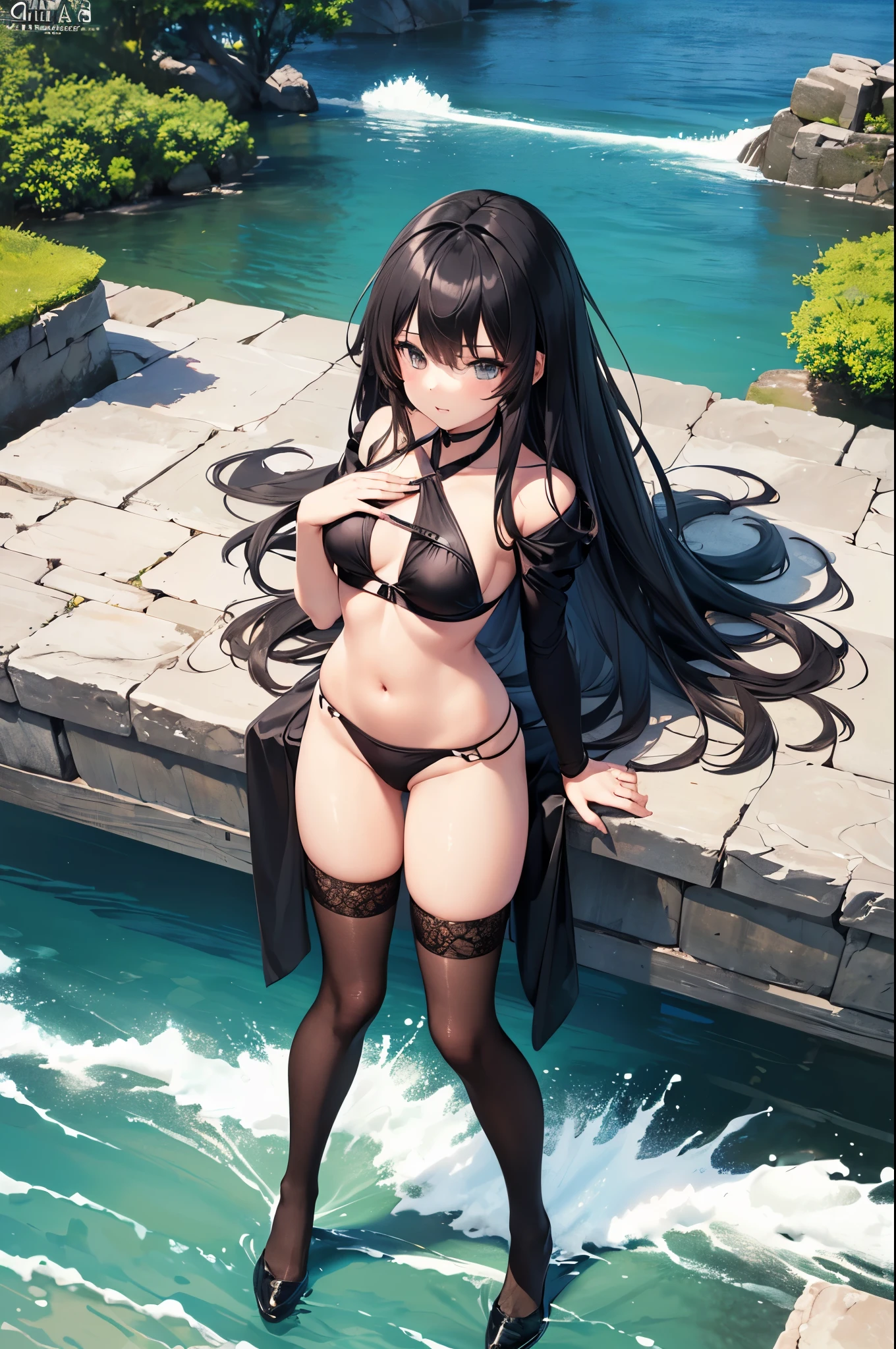 (masterpiece),4k, (ultra realistic), (best quality), (high detailed face),sexy, 1girl, a beautiful girl near the river, slim, long legs, (bikini), (flat chested), (black stocking), (view from above:1.4), (ultra detailed body), (ultra detailed hair), (high detailed hands), anime, (full body view)
