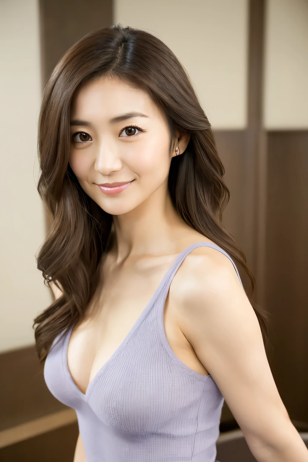 top-quality, 8K-Picture, Japanese lady in Perfect Style, small breasts, very thin waist, Slim abs, (:1.4), cute eyes, Double eyelids, long wavy hair, Very delicately drawn face, tight knit dress, (photogravure idols:1.4), Subtle smile or shyness, 