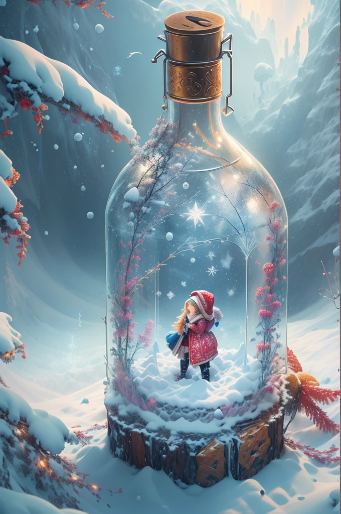 There is a bottle on the snow，There are white snow and snowflakes made of clear crystal inside，Digital painting is very detailed，Highly detailed digital painting，Detailed painting 4k，Anime Art Wallpaper 4k，Anime Art Wallpaper 4k，Anime Art Wallpaper 8k，Very detailed figures，Beautiful digital painting，A beautiful artistic illustration，Beautiful digital artwork，Beautiful Art Ultra HD 4K， Very detailed illustrations