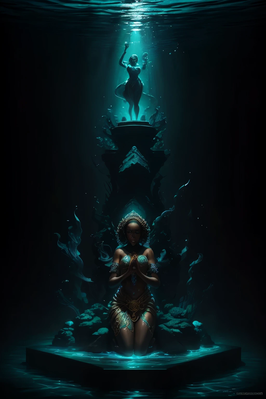 In the heart of an underwater kingdom lies a majestic statue of a Black woman, adorned in intricately designed African beads and traditional attire. Her powerful form takes a humble kneeling position, as if in deep meditation. The expansive shot is captured through a wide-angle lens, providing a breathtaking view of the colossal figure that seemingly merges with the ocean.

The scene is bathed in low, mystical light filtering through the water, resulting in prismatic refractions that accentuate every curve and crevice on the statue's surface. Prismatic light pierces through the ocean waves, shining upon the stature's exquisite details,