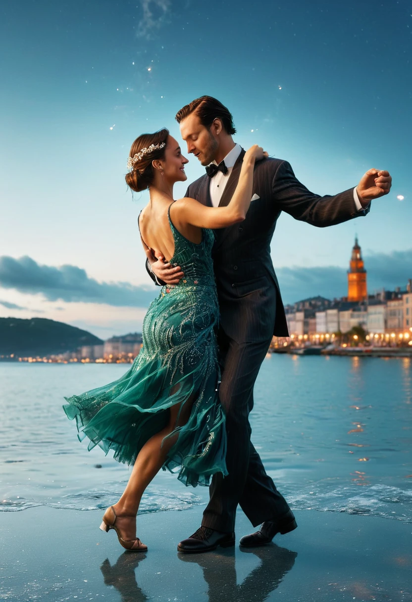 ((heterosexual couple dancing tango on the sea surface:1.5)), at night:1.4, clouds illuminated by fireworks:1.4, a beautiful view of the coast with buildings:1.4 and fireworks in the background:1.4, ((Scene idyllic and magical imaginative dancing on the surface of the sea:1.3)),((perfect, Meticulously detailed, flawless: 1.4), ((Masterpiece)), (Hyper-detailed: 1.3), (Photorealistic: 1.4), epic lighting, well-defined light and shadows, 32k.