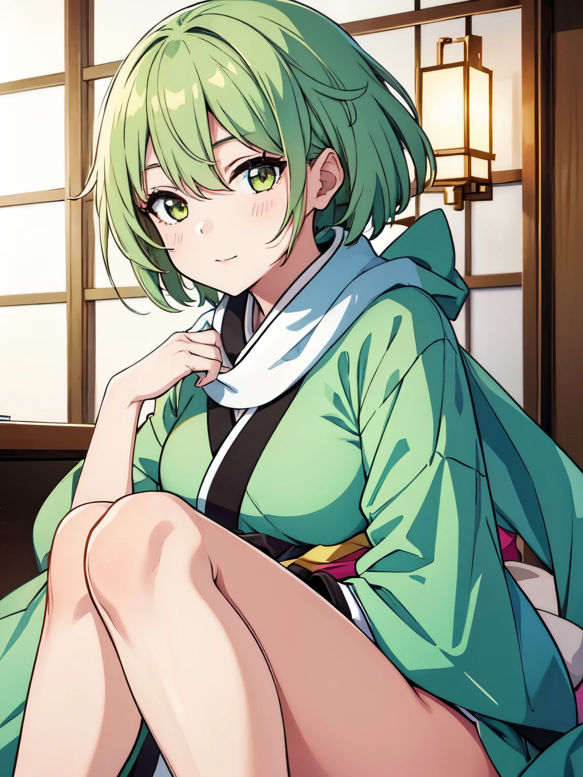 masterpiece, best quality, highres, 1girl, short green pastel hair, looking at viewer, long scarf, japanese, black shirt, turtleneck, serious face