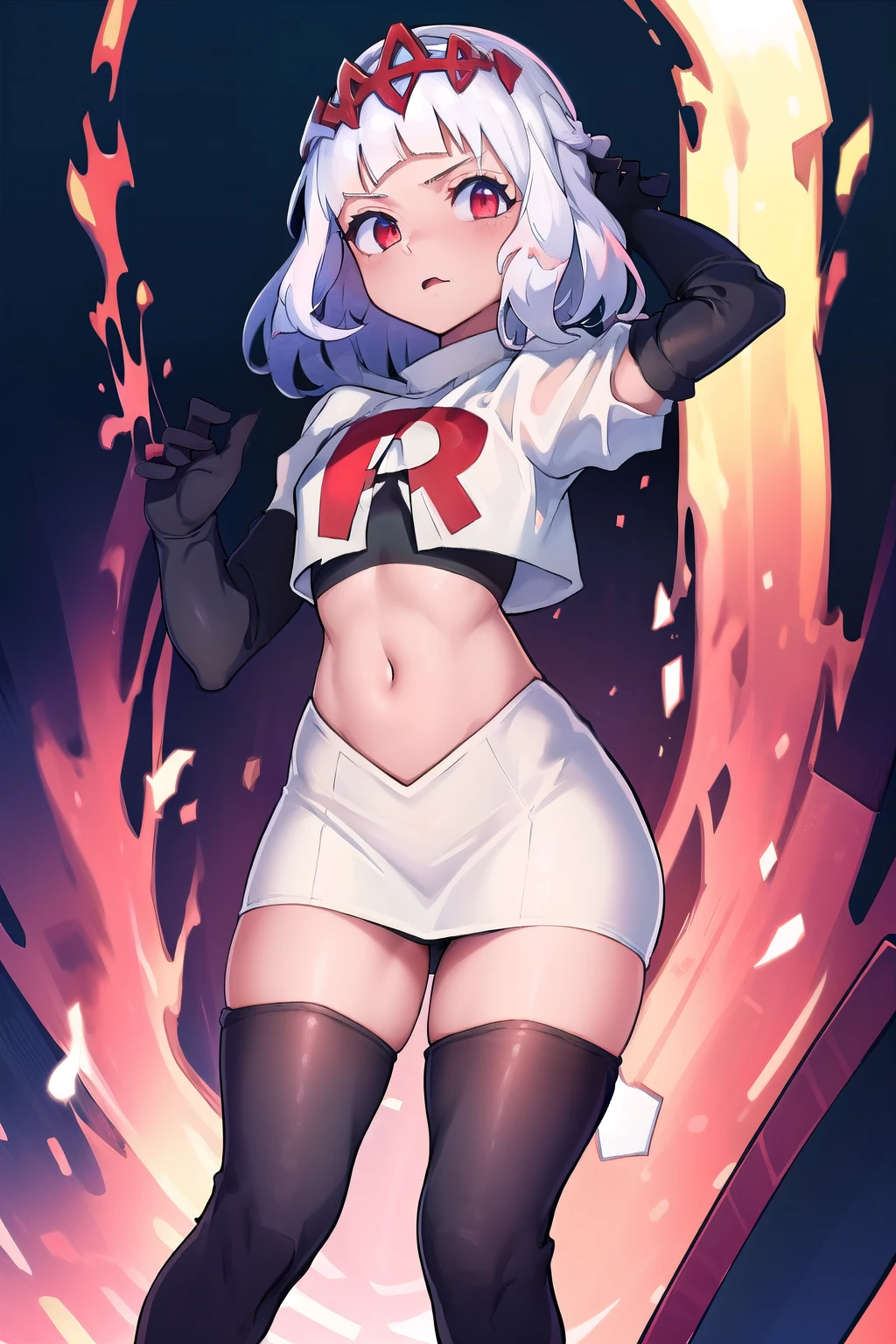 absurdres, 1girl, small breast, white hair, team rocket,team rocket uniform, red letter R, white skirt,white crop top,black thigh-highs,black elbow gloves
 